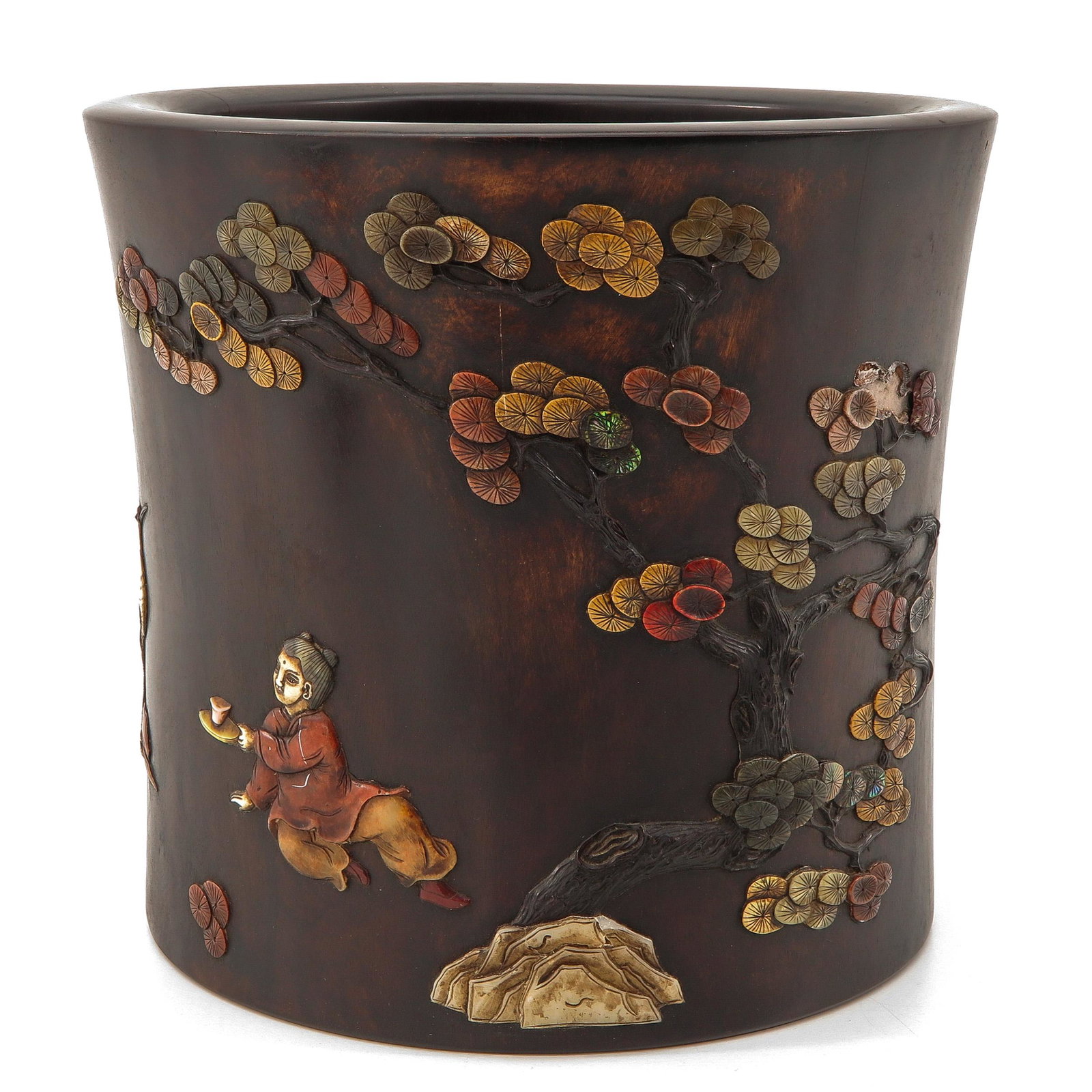 A Wood Brush Pot: Decorated with inlay of Chinese figures and text, 24 cm. tall x 26 cm. in diameter.