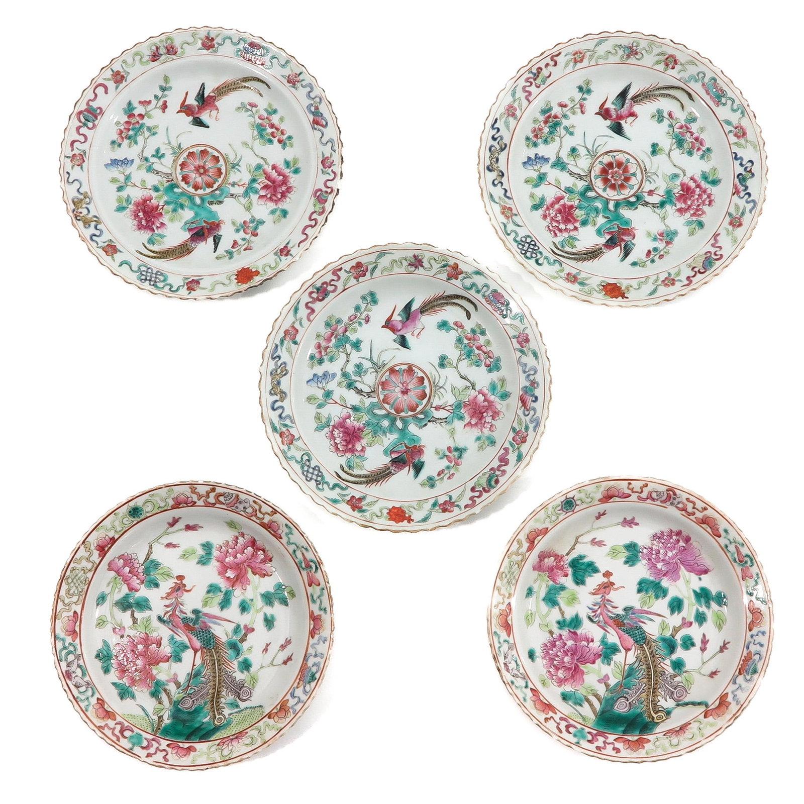 A Series of 5 Peranakan Plates: Depicting peacock in garden with flowers in Famille Rose enamels, 19 cm. in diameter.