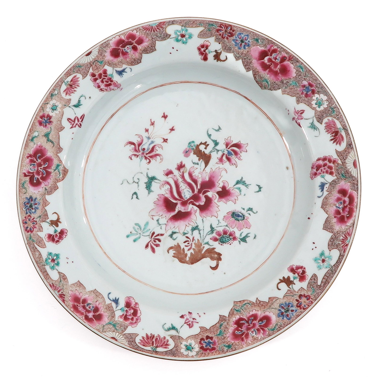 A Famille Rose Charger: Decorated with flowers, 18th Century, 37 cm. in diameter.