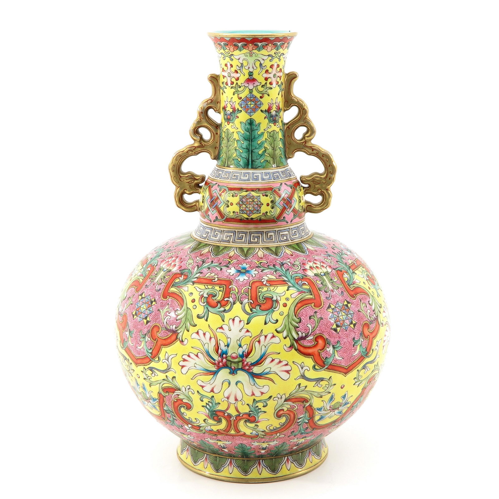 A Famille Rose Vase: Yellow ground with Famille Rose floral enamels, Qianlong mark, 33 cm. tall.