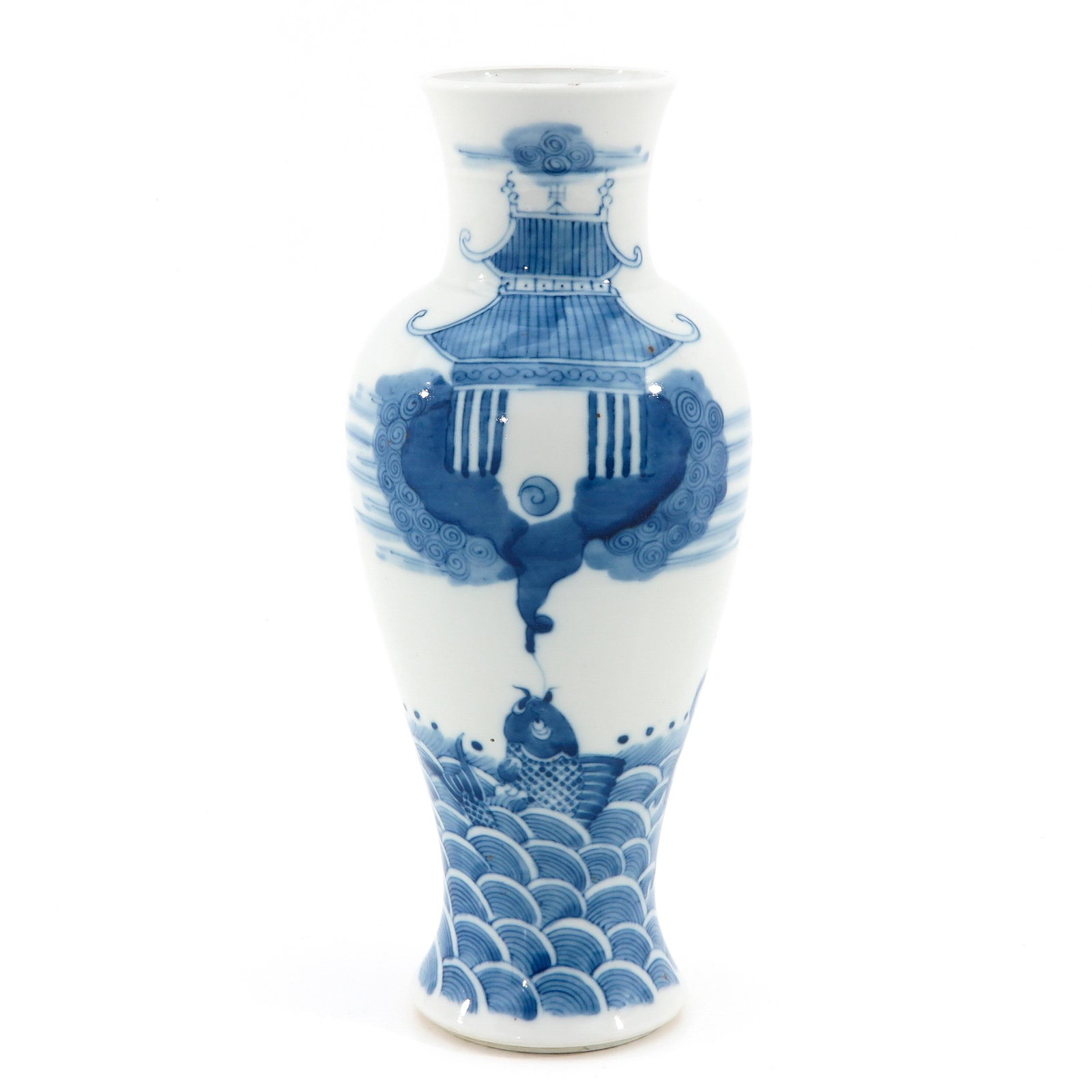 A Blue and White Vase: Depicting scene on water with fish and temple, 29 cm. tall.