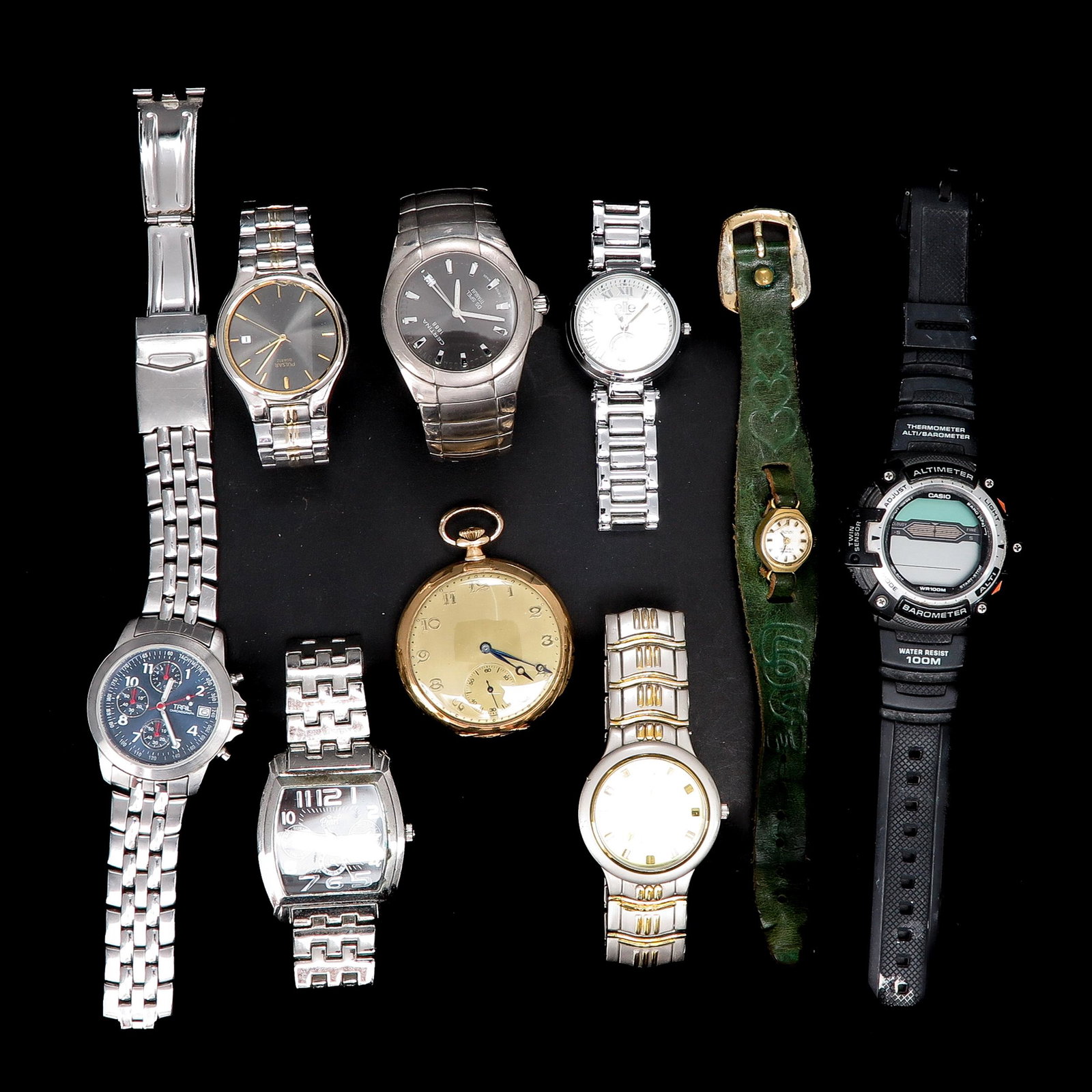 A Collection of Watches: Including 14KG pocket watch, 48 mm. in diameter.