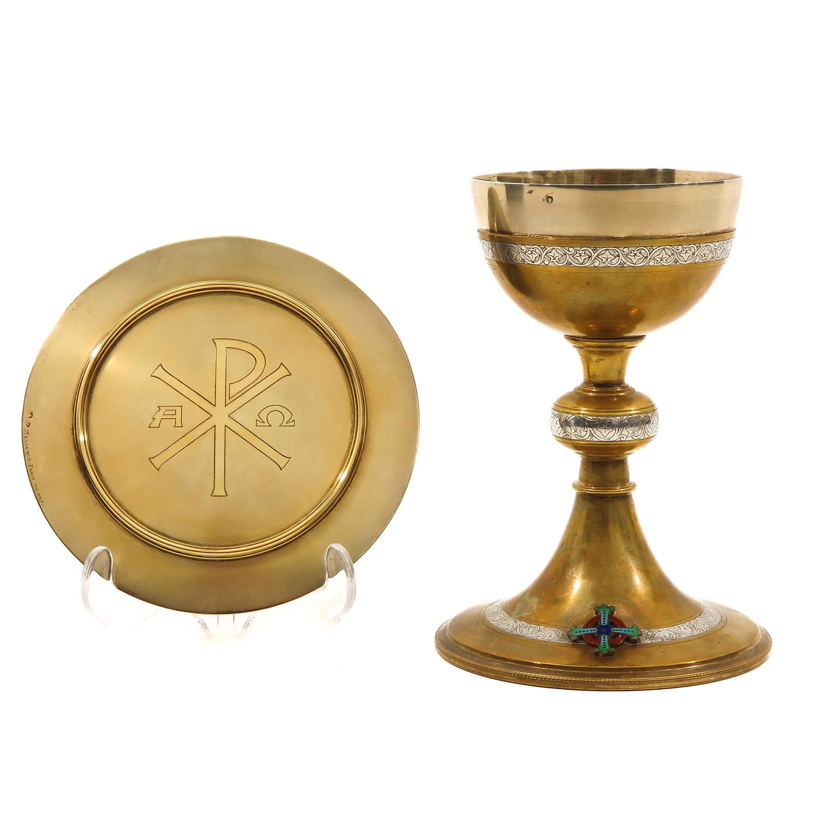 A Chalice with Silver Paten: Mellerio Paris, 15 cm. in diameter, with case.