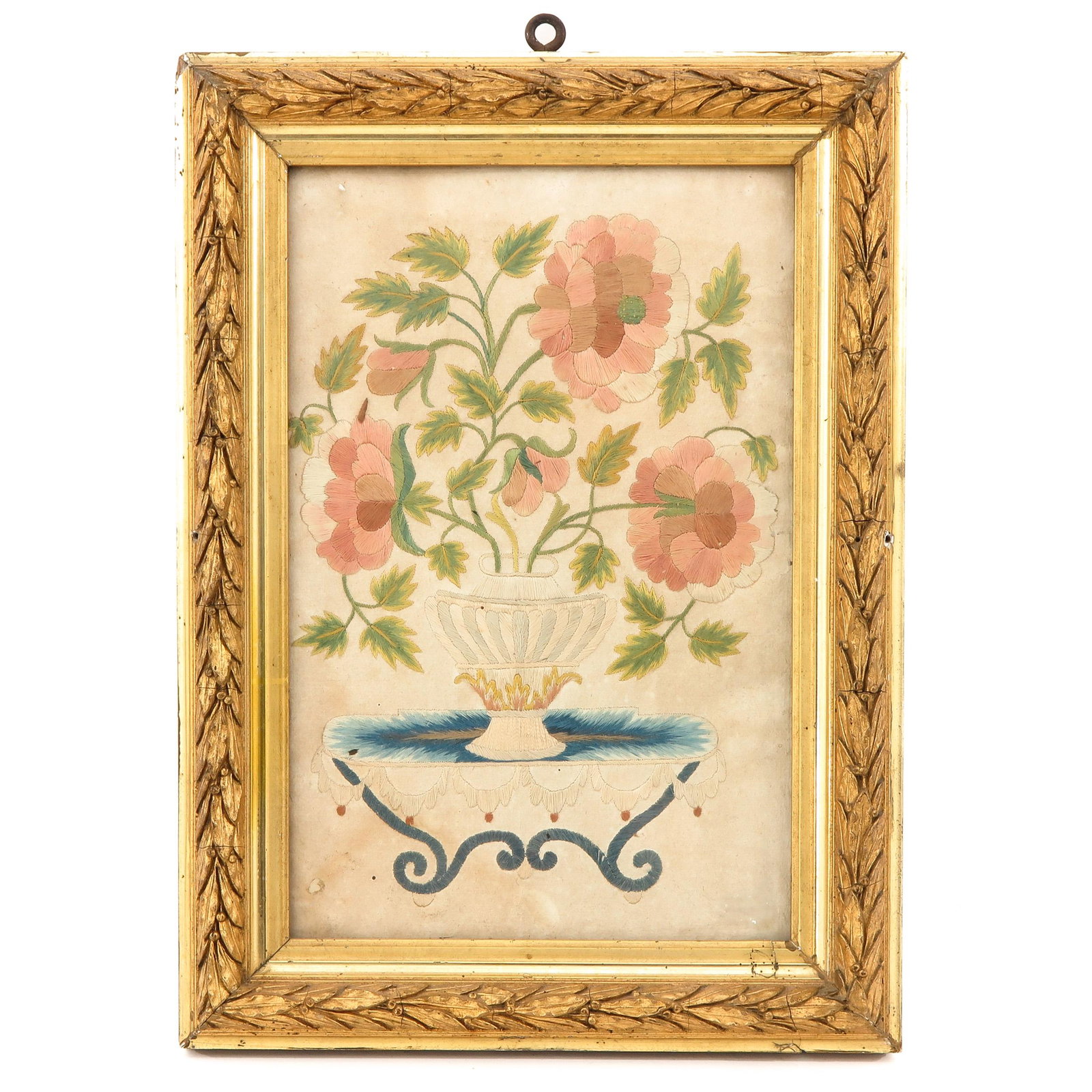 A Silk Embroidery on Paper: Double sided, depicting flower vase, 19 x 29 cm.