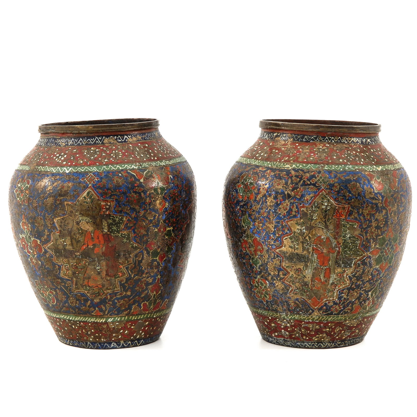A Pair of Cloisonne Vases: Decorated with Chinese figures and flowers, 21 cm. tall.