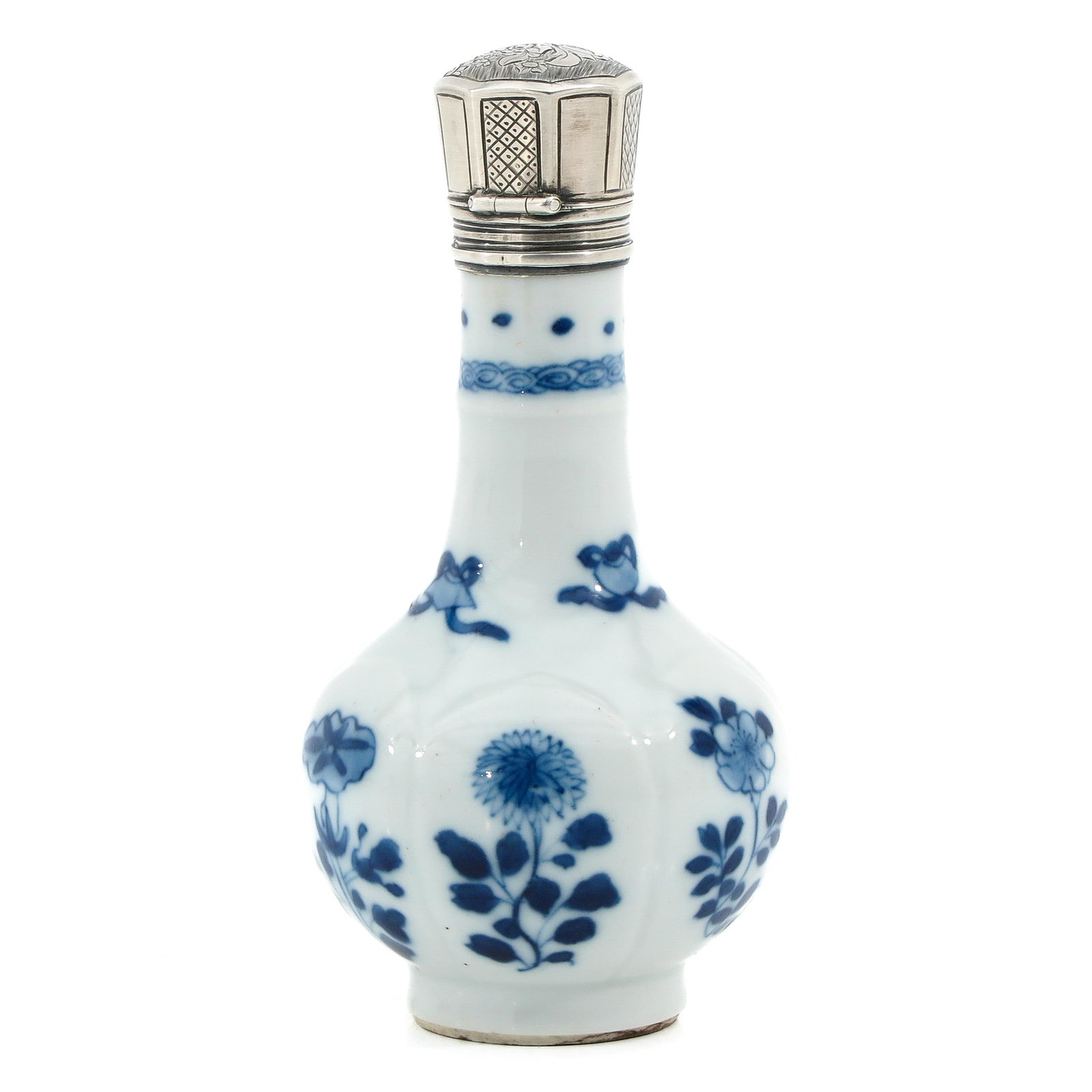 A Blue and White Oil Bottle: With silver top, floral decor, marked with Jade symbol, 13 cm. tall.