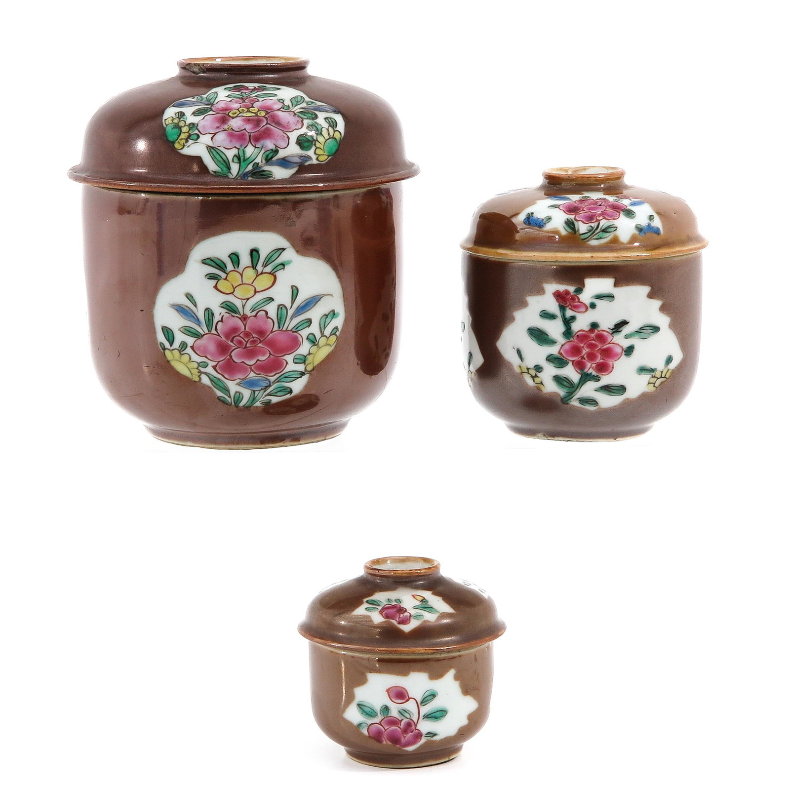 A Collection of 3 Batavianware Jars with Covers: Measuring 7 cm., 9 cm., and 13 cm. tall.
