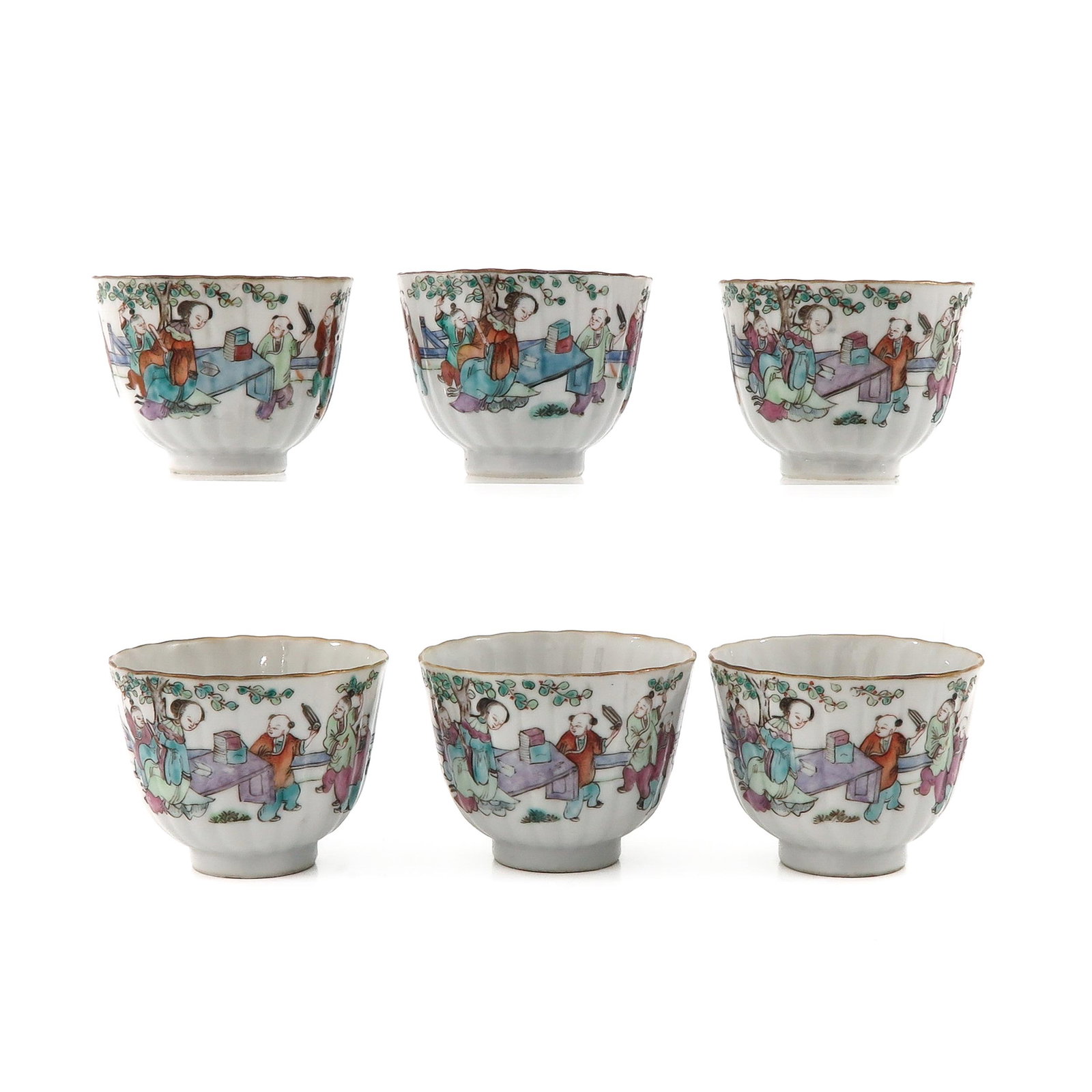 A Collection of 6 Famille Rose Cups: Depicting Chinese figures, Tongzhi Mark, 7 cm. in diameter.