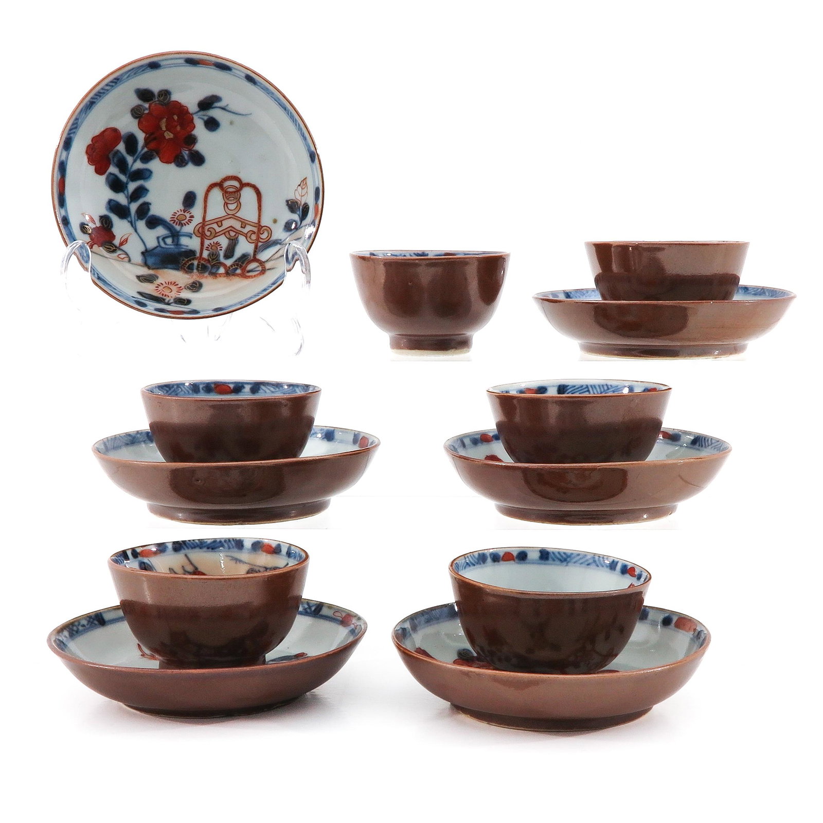 A Collection of Cups and Saucers: Including 6 cups and saucers, Batavianware, saucers are 10 cm. in diameter.