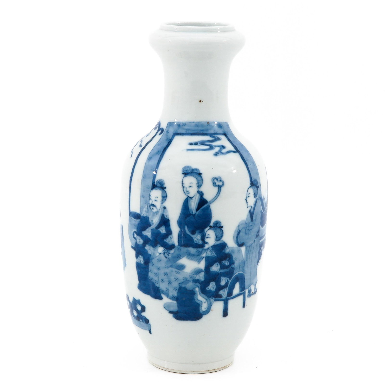 A Blue and White Vase: Depicting Chinese figures, Kangxi mark, 28 cm. tall.