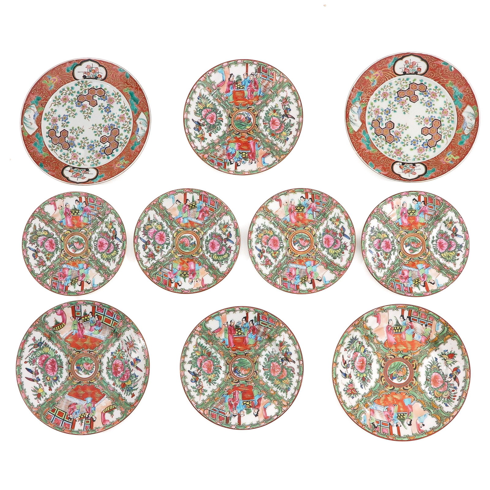 A Collection of 10 Cantonese Plates: In a variety of sizes, largest plate is 24 cm. in diameter.