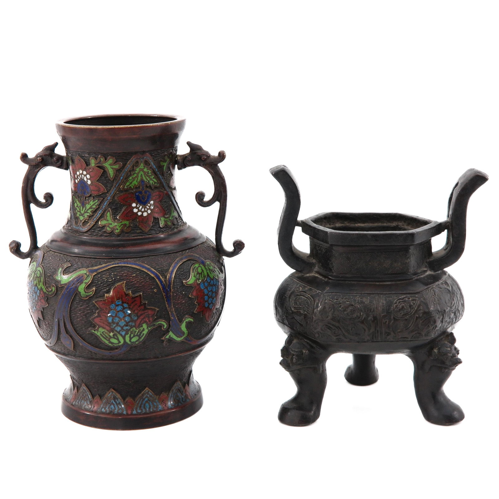 A Bronze Censer and Cloisonne Vase: Vase is 24 cm. tall.