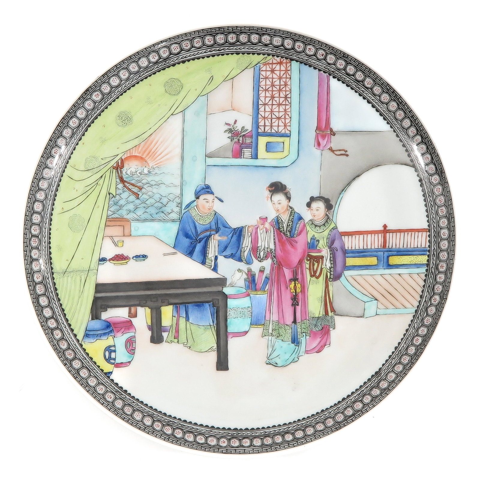 A Famille Rose Dish: Depicting gathering of Chinese figures, 27 cm. in diameter.