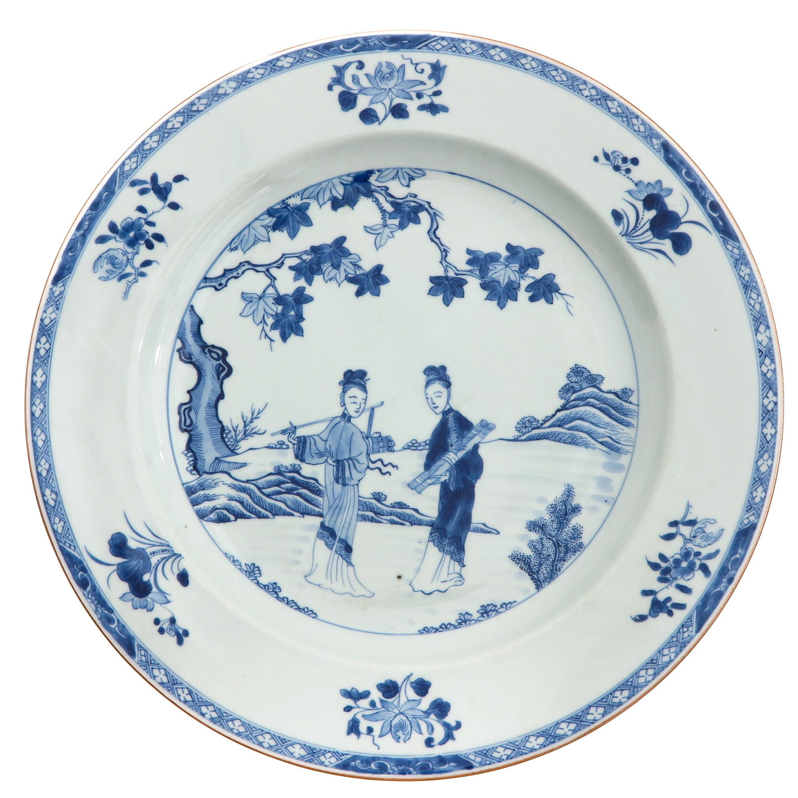 A Blue and White Charger: Depicting Chinese ladies in garden, 18th Century, 35 cm. in diameter.