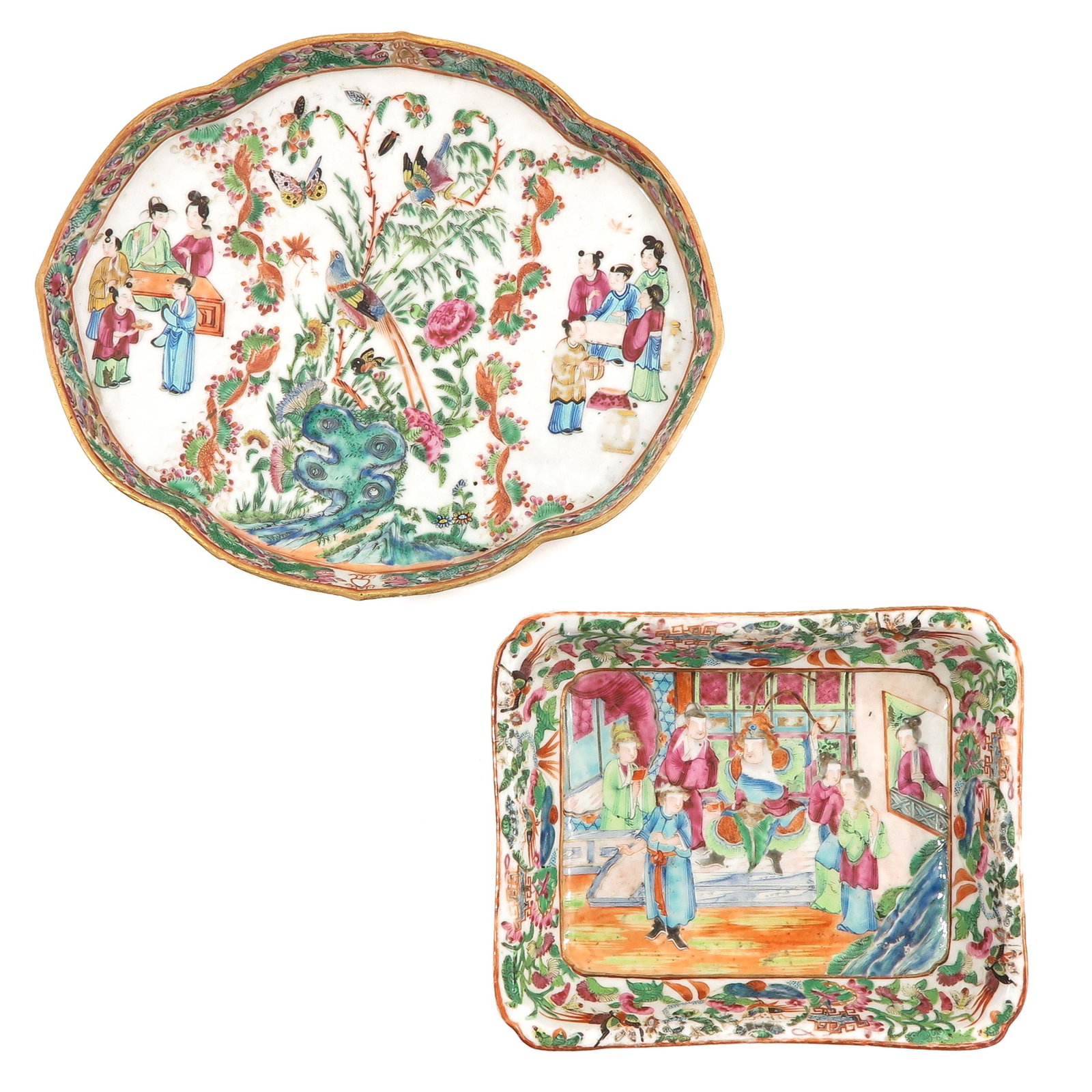 A Lot of 2 Cantonese Trays: Measuring 21 x 17 cm. and 28 x 23 cm., chip.