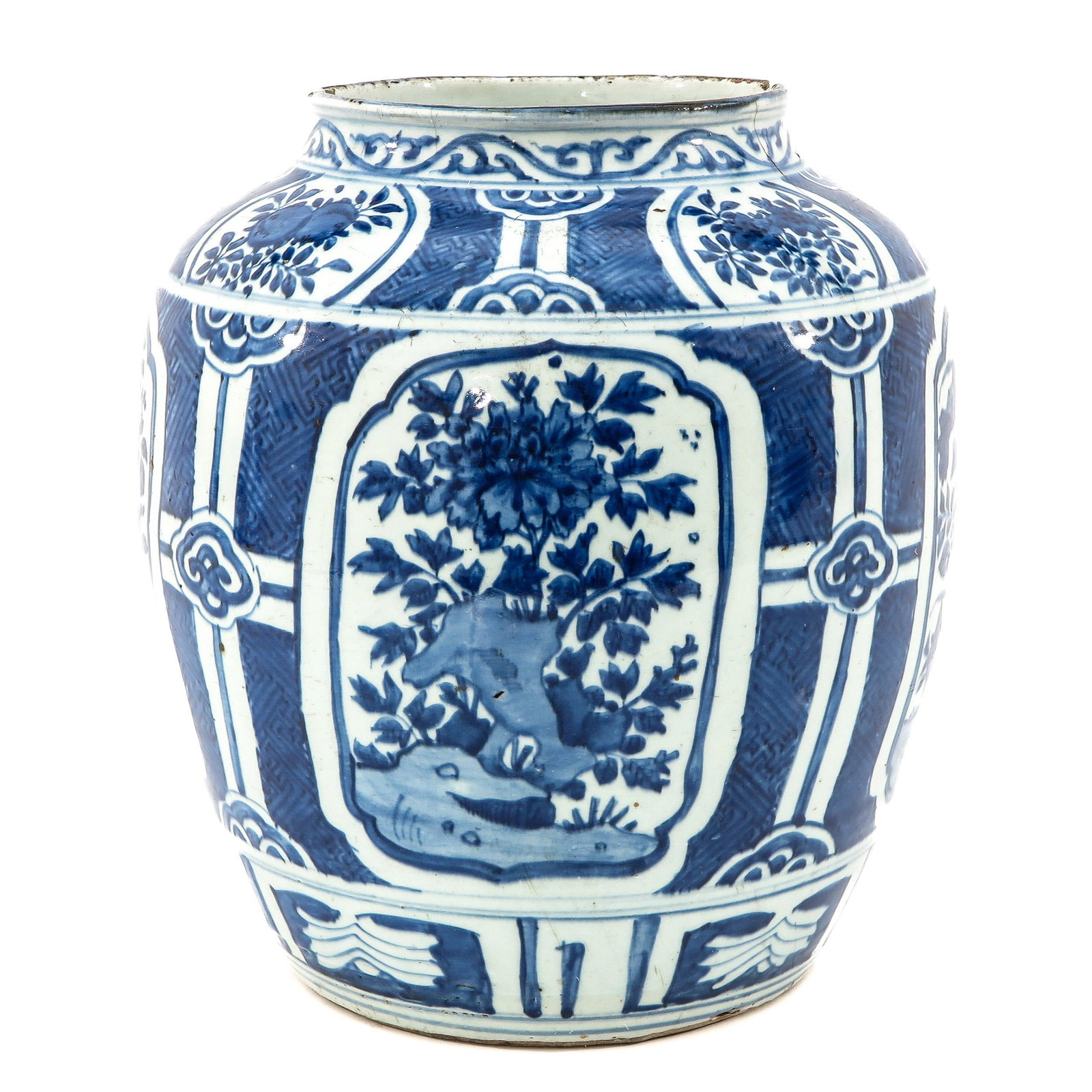 A Blue and White Jar: Depicting flowers in garden, Wanli Period, 35 cm. tall., chip and hairline.