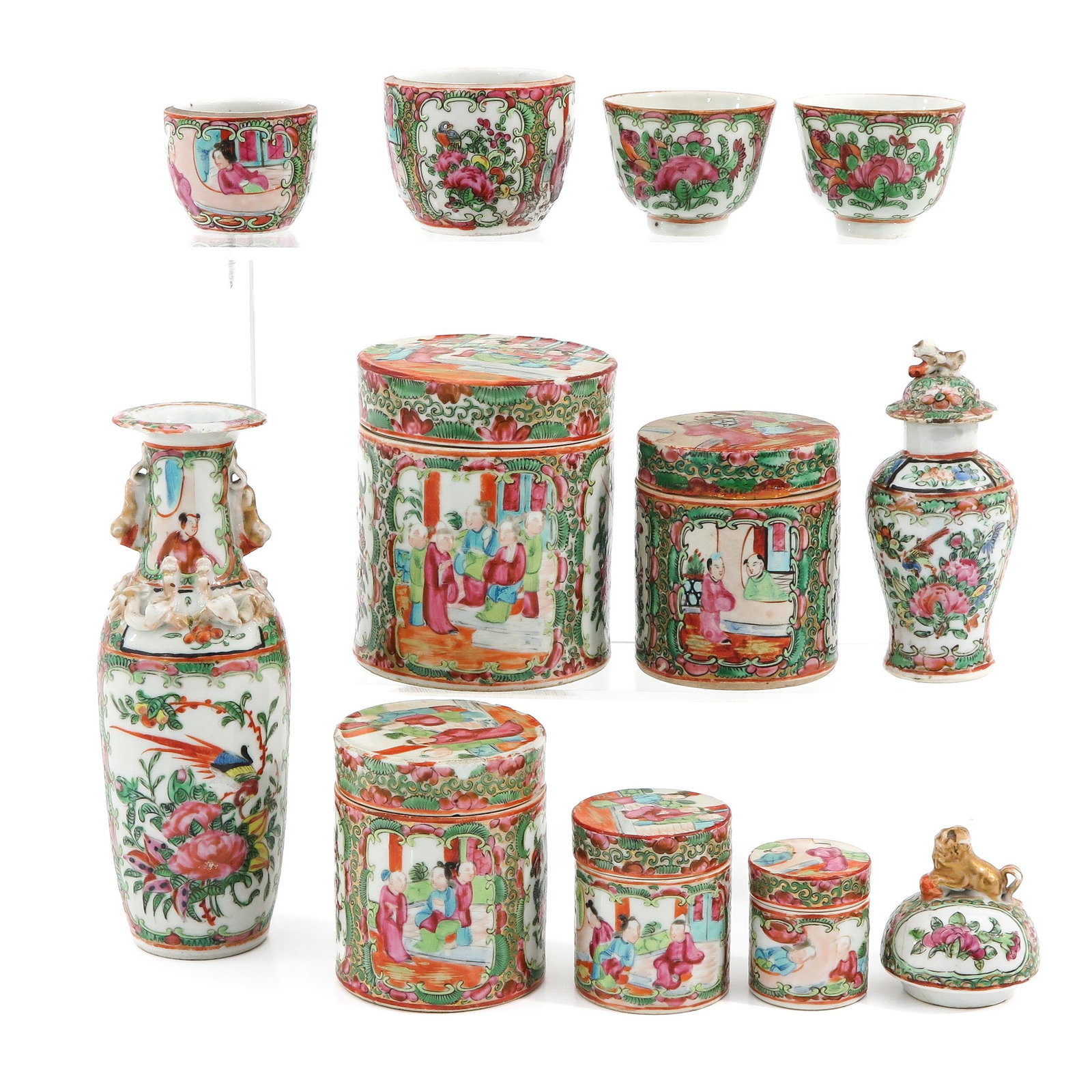 A Collection of Cantonese Porcelain: Including 5 jars, 4 cups and 2 vases, tallest vase is 12 cm., in diverse conditions.