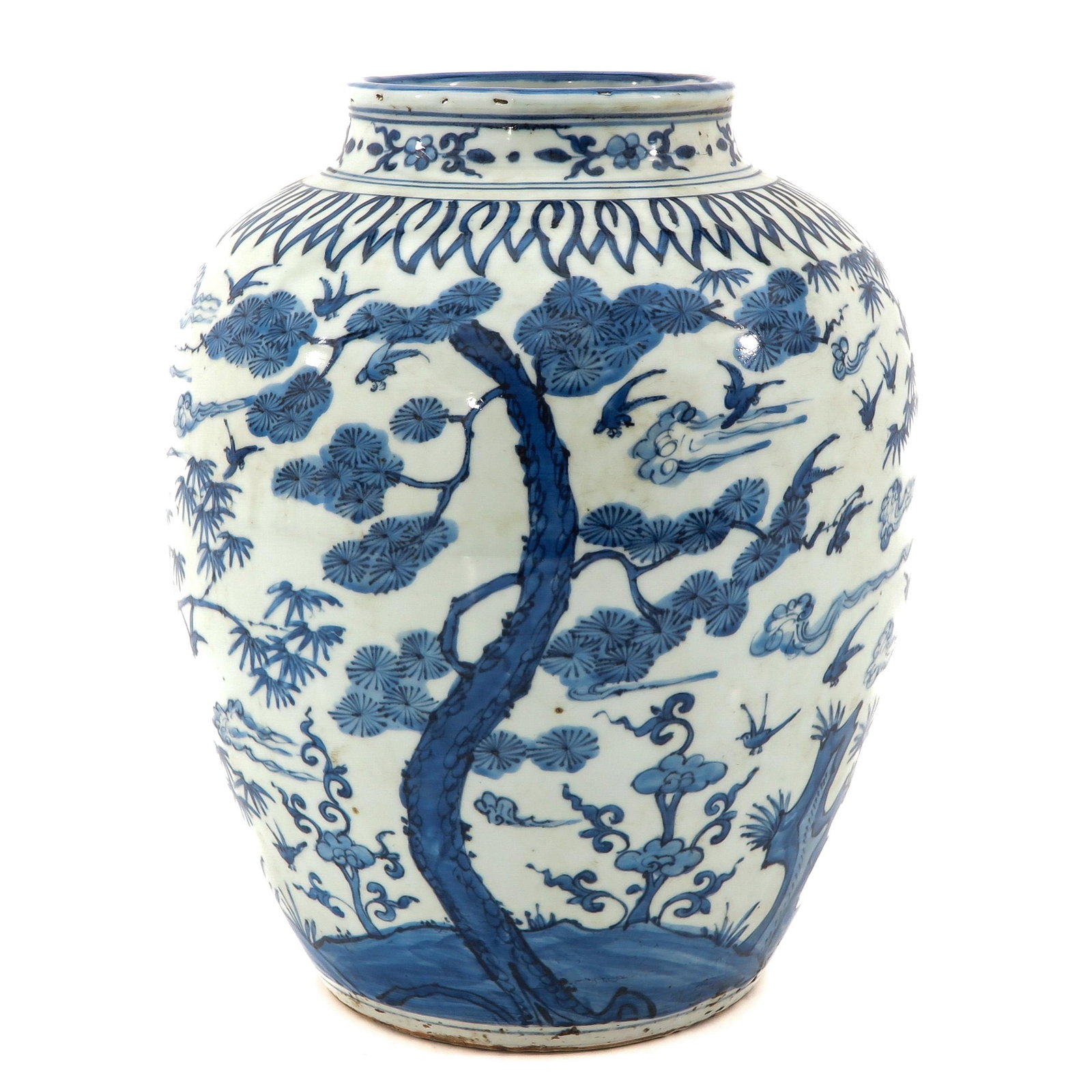 A Large Blue and White Jar: Depicting scene in garden with bamboo trees and birds, 42 cm. tall.