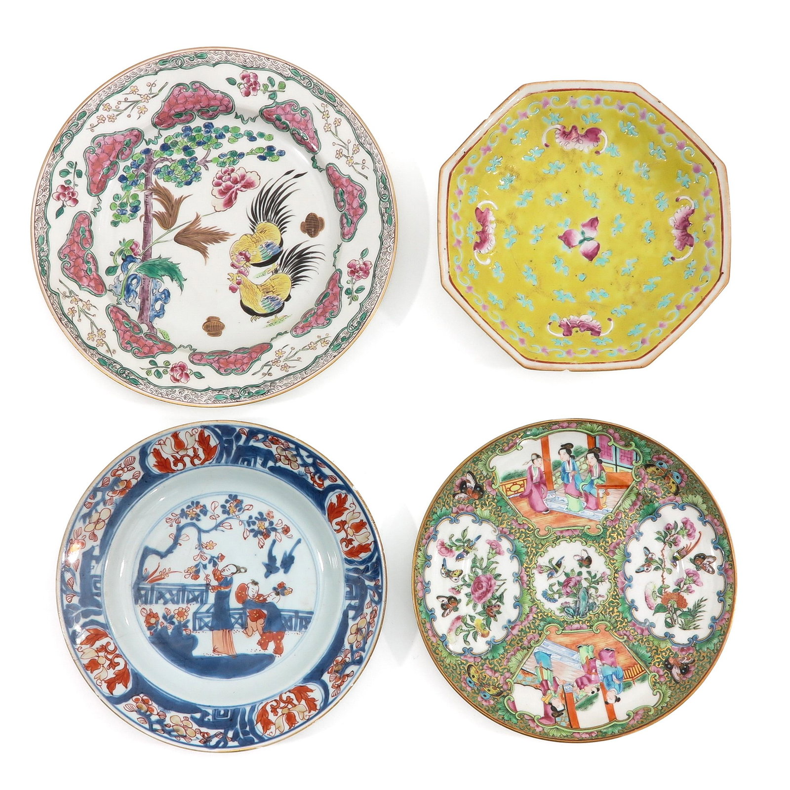 A Collection of Porcelain: Including 3 plates and 1 altar dish, largest plate is 24 cm. in diameter, in diverse conditions.