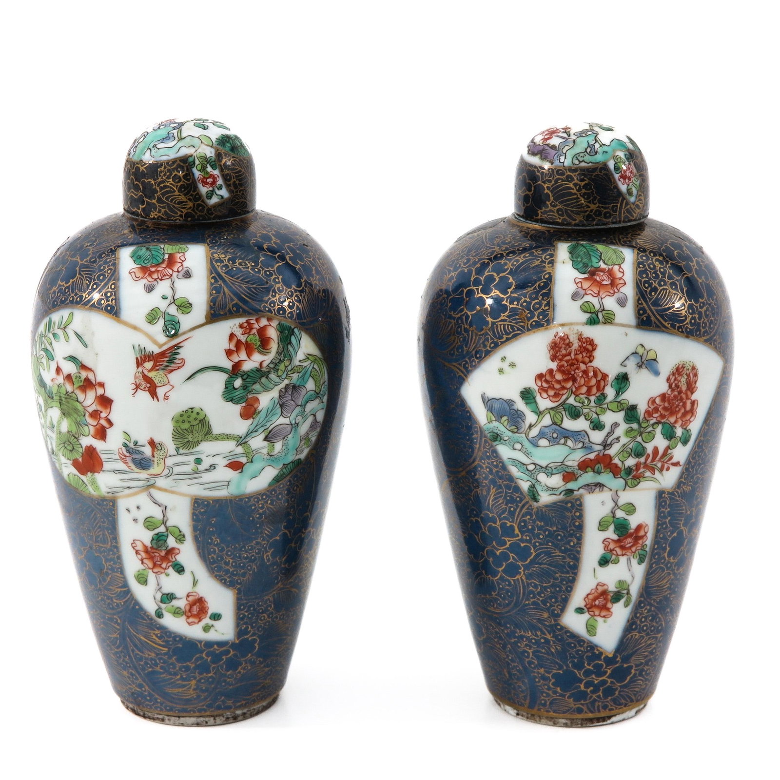 A Pair of Powder Blue Tea Caddys: Powder blue ground with Famille Verte and gilt decors depicting scene on pond with ducks, 18 cm. tall.