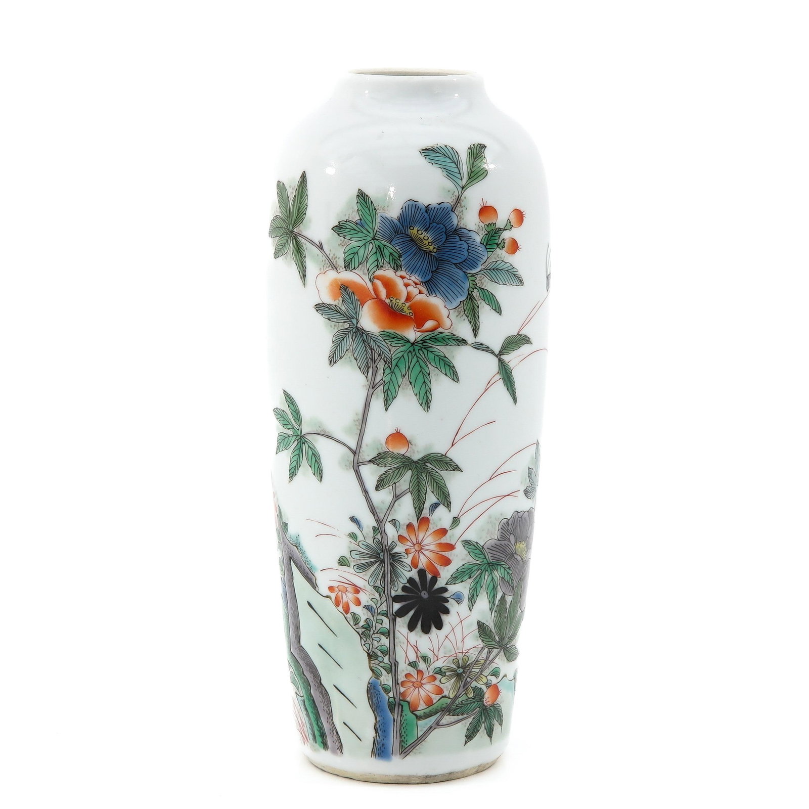 A Famille Verte Vase: Depicting flowers in garden with cricket and butterflies, 21 cm. tall.