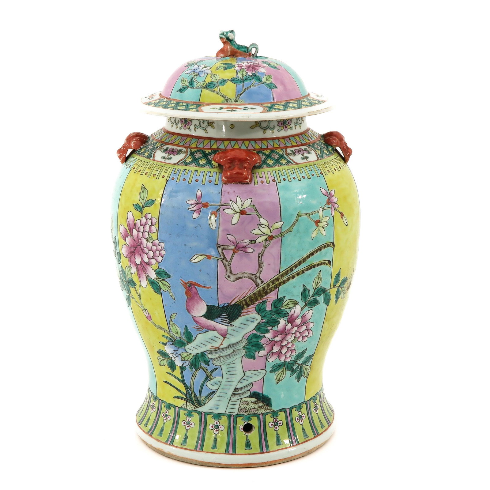 A Famille Rose Jar with Cover: Depicting flowers and birds, 41 cm. tall, hole on side, cover is restored.