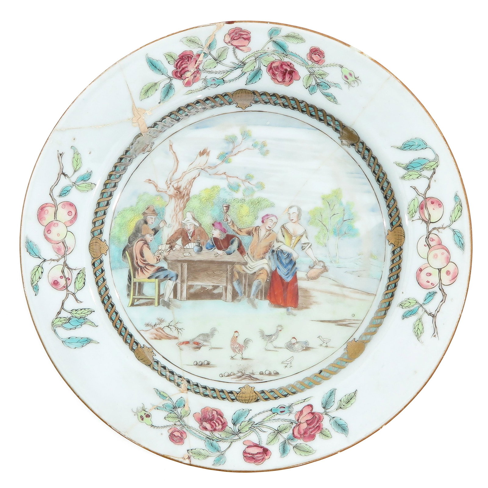 A Famille Rose Plate: European scene depicting gathering around table, 23 cm. in diameter, restored.