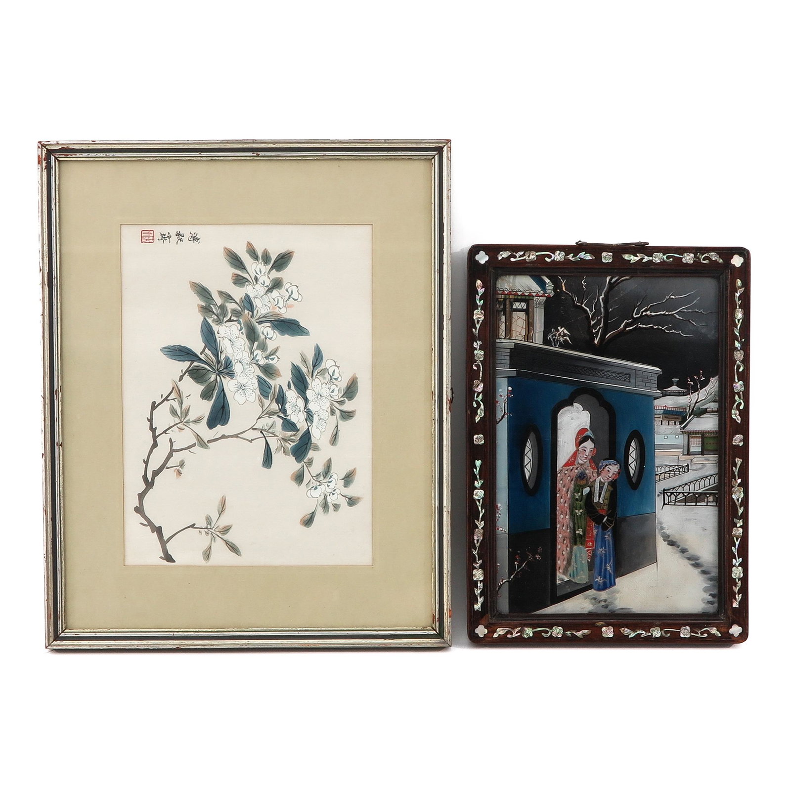 A Lot of 2 Works of Art: Including reverse painting on glass in mother of pearl frame and work of art depicting flowers, measuring 38 x 27 cm. and 48 x 38 cm.