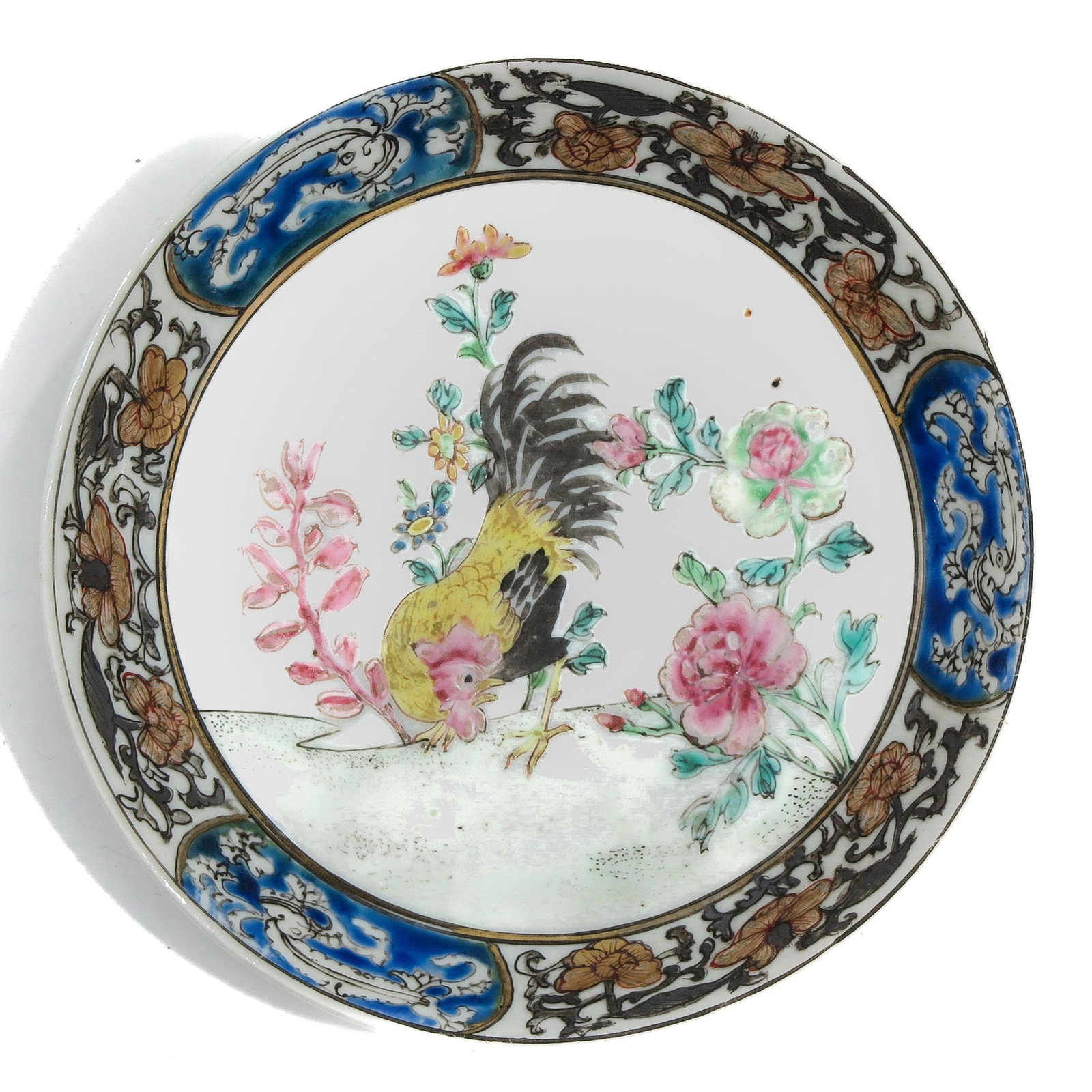 A Famille Rose Dish: Depicting rooster in garden, 11 cm. in diameter, hairline.