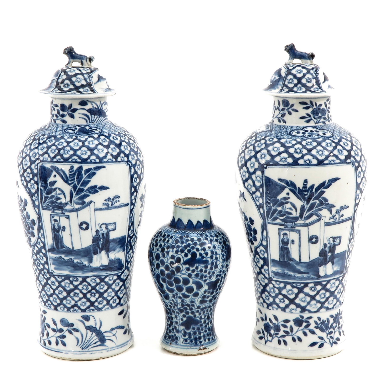 A Collection of 3 Blue and White Vases: Depicting scenes with Chinese figures and floral decors, tallest vase is 37 cm., in diverse conditions.