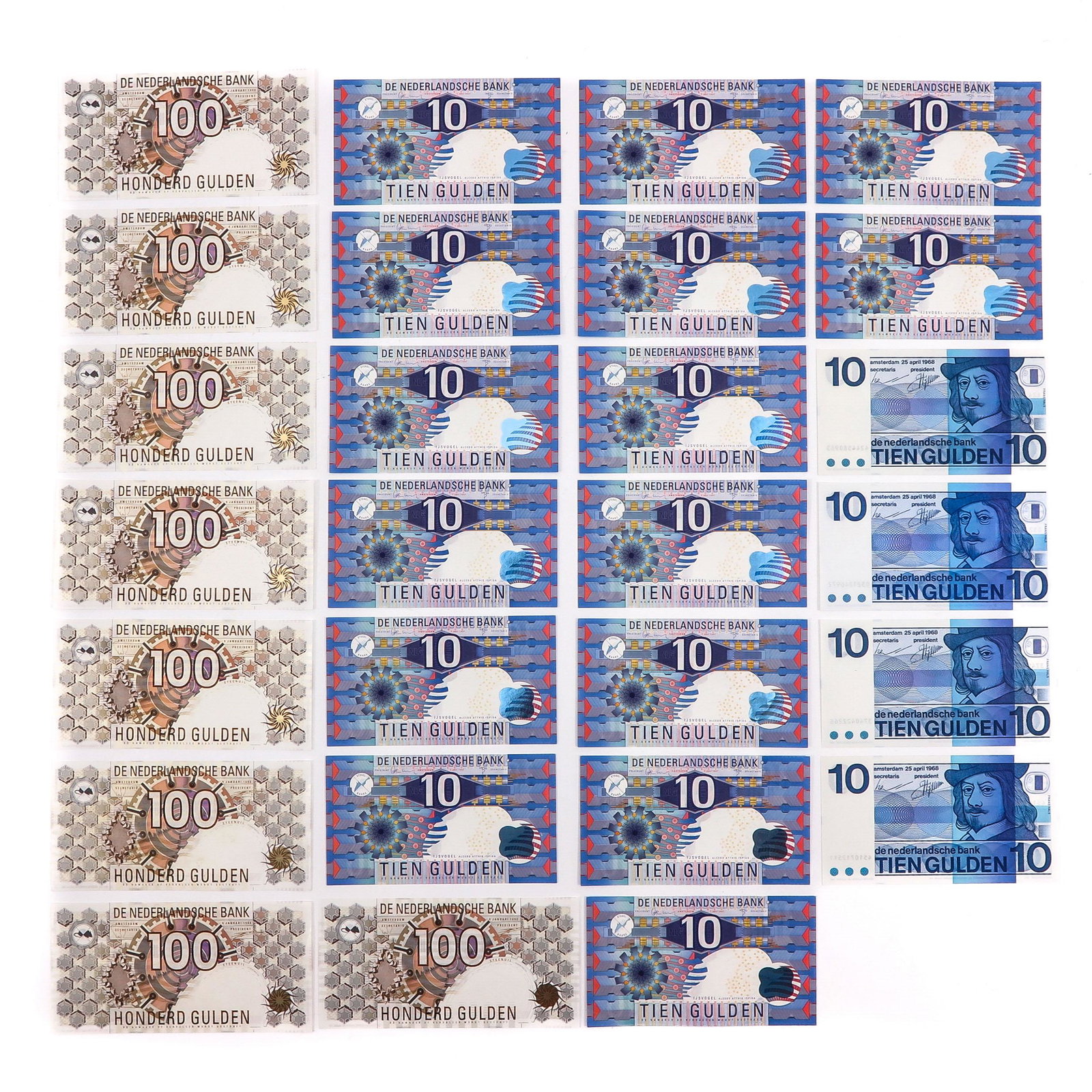 A Collection of Dutch Bank Notes: Including 19 x 10 guilder and 8x 100 guilder.