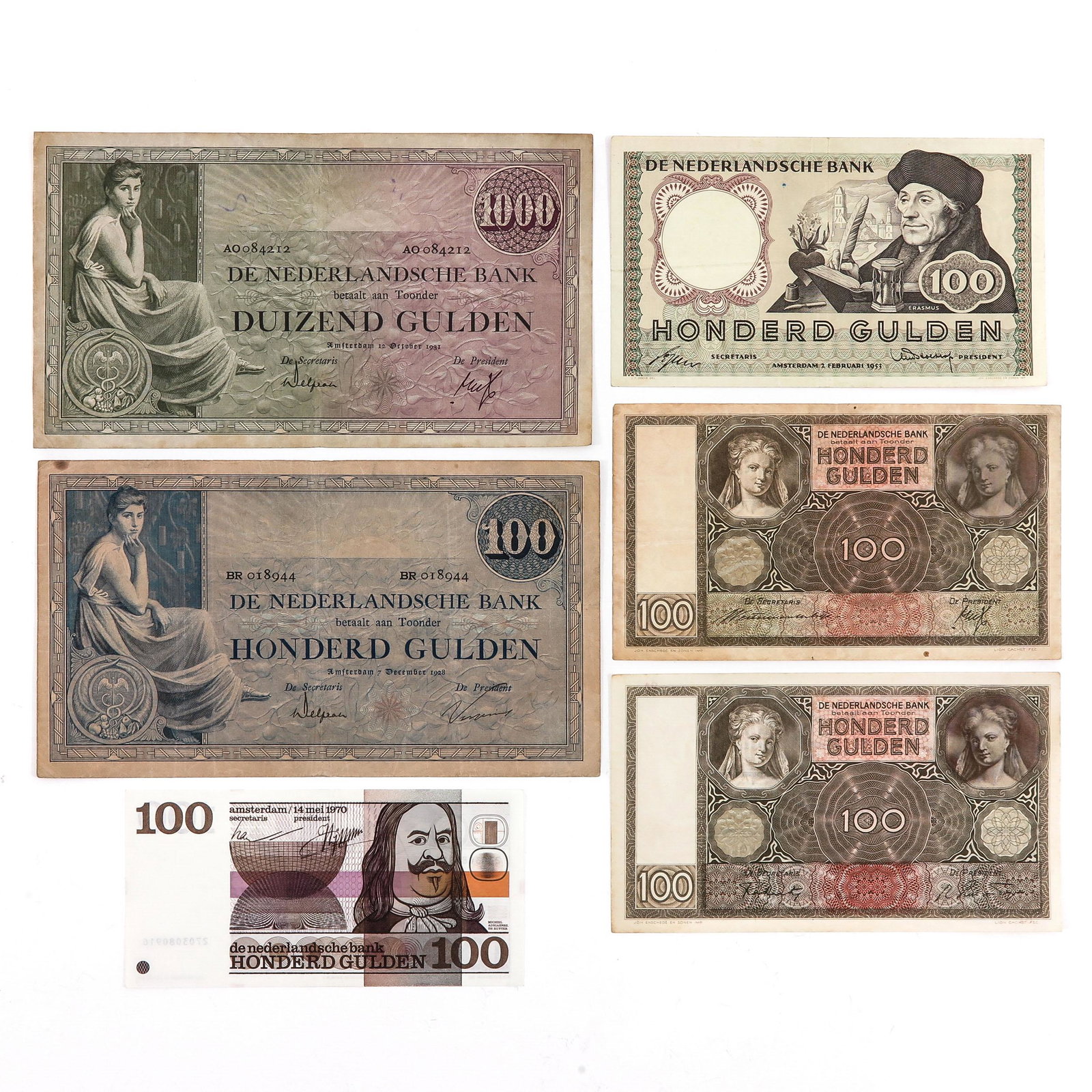 A Collection of Dutch Bank Notes: Including 5x 100 guilder and 1x 1000 guilder.