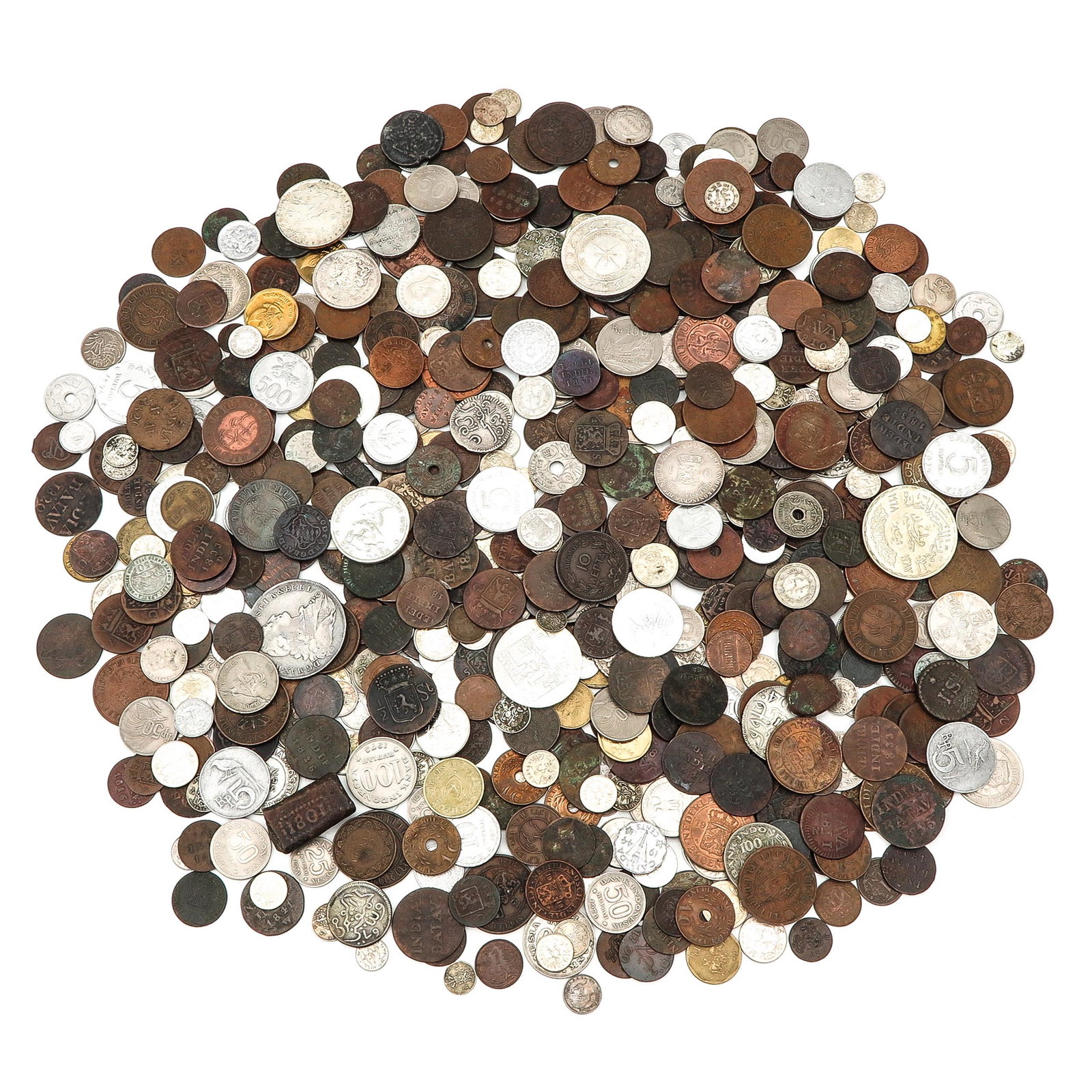 A Collection of Coins: Including coins from The Dutch Indies, some being silver, circa 3000 gram.