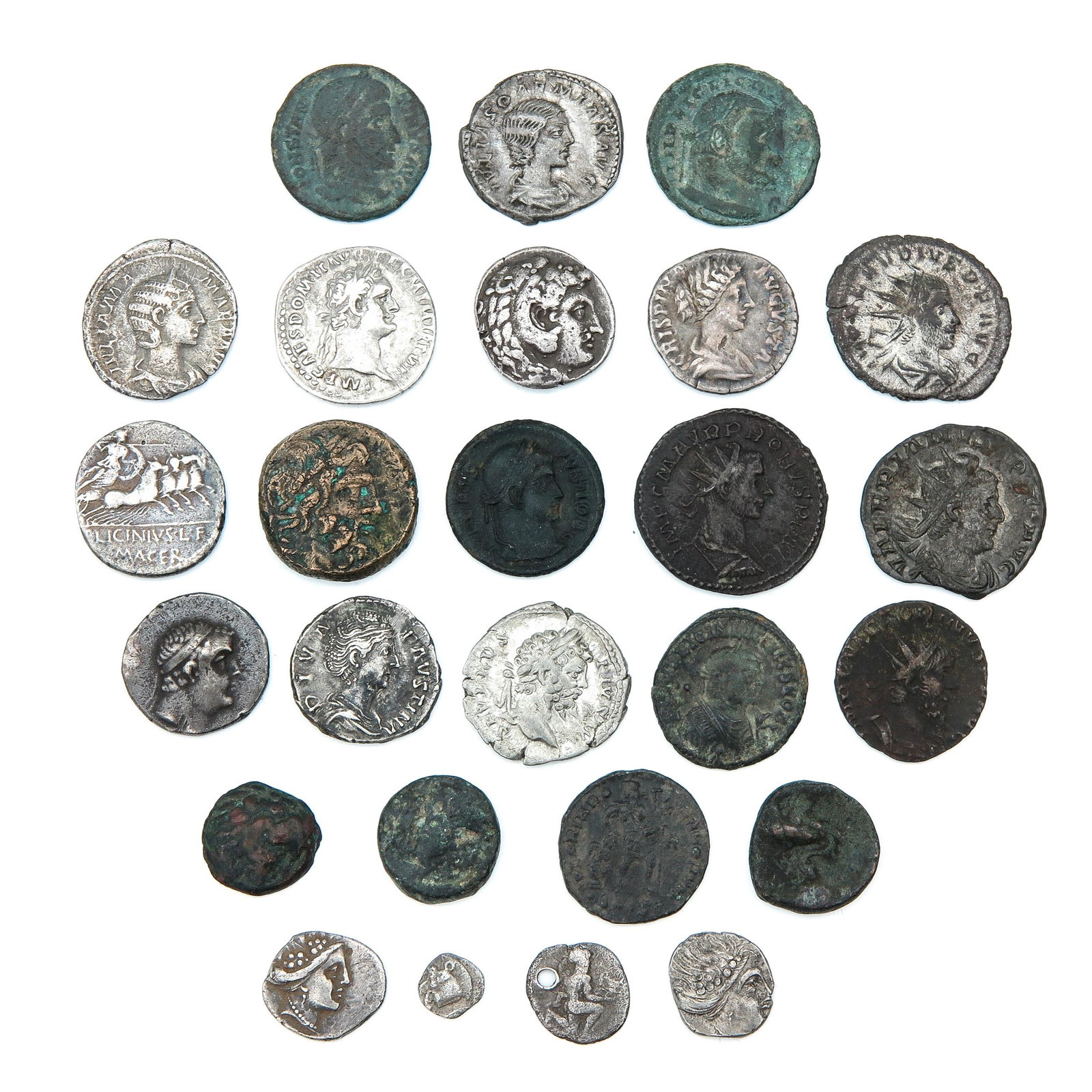 A Collection of over 26 Coins: Including coins from the Roman Empire Period such as coin from Septimius Severus, Period 193-211 A.D.