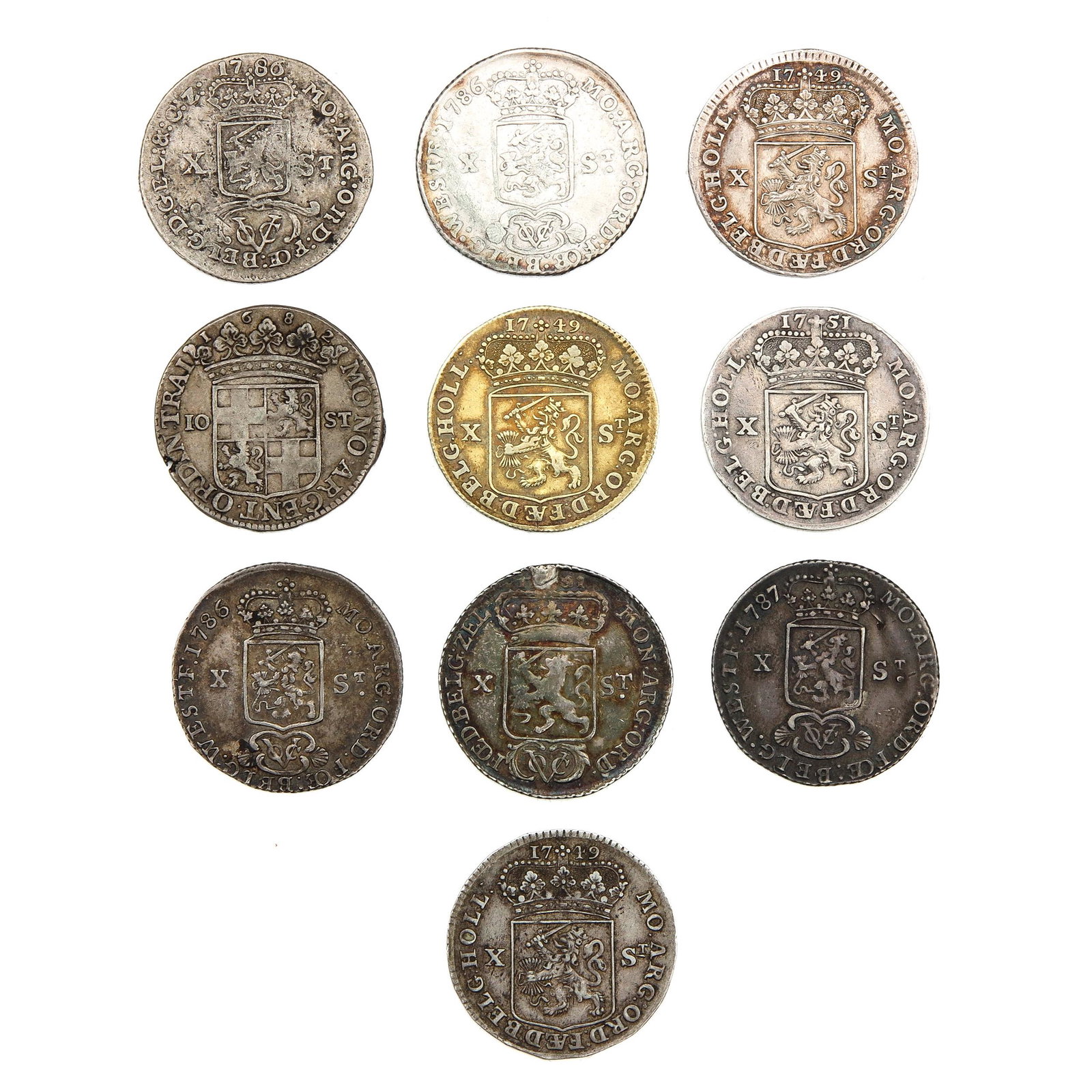 A Collection of 10 Stuiver Coins: Including VOC, 1786.