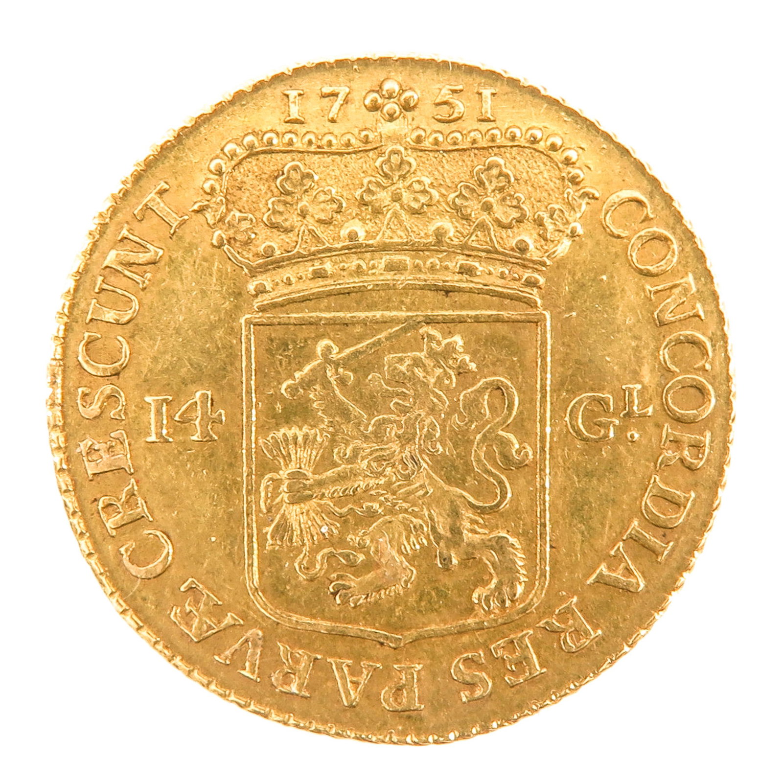 A 14 Guilder Gold Coin: Utrecht, 1751, 26 mm. in diameter, 10 grams.
