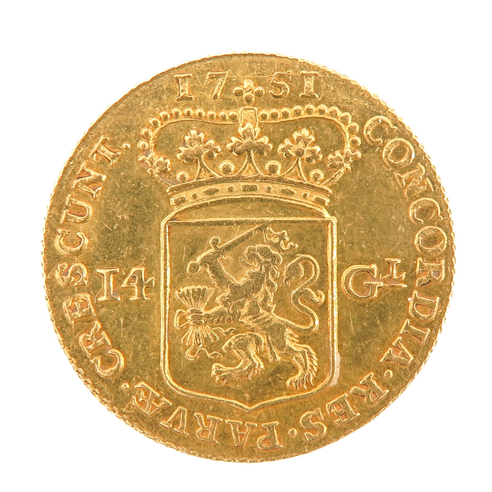 A 14 Guilder Gold Coin: Holland, 1751, 26 mm. in diameter, 10 grams.