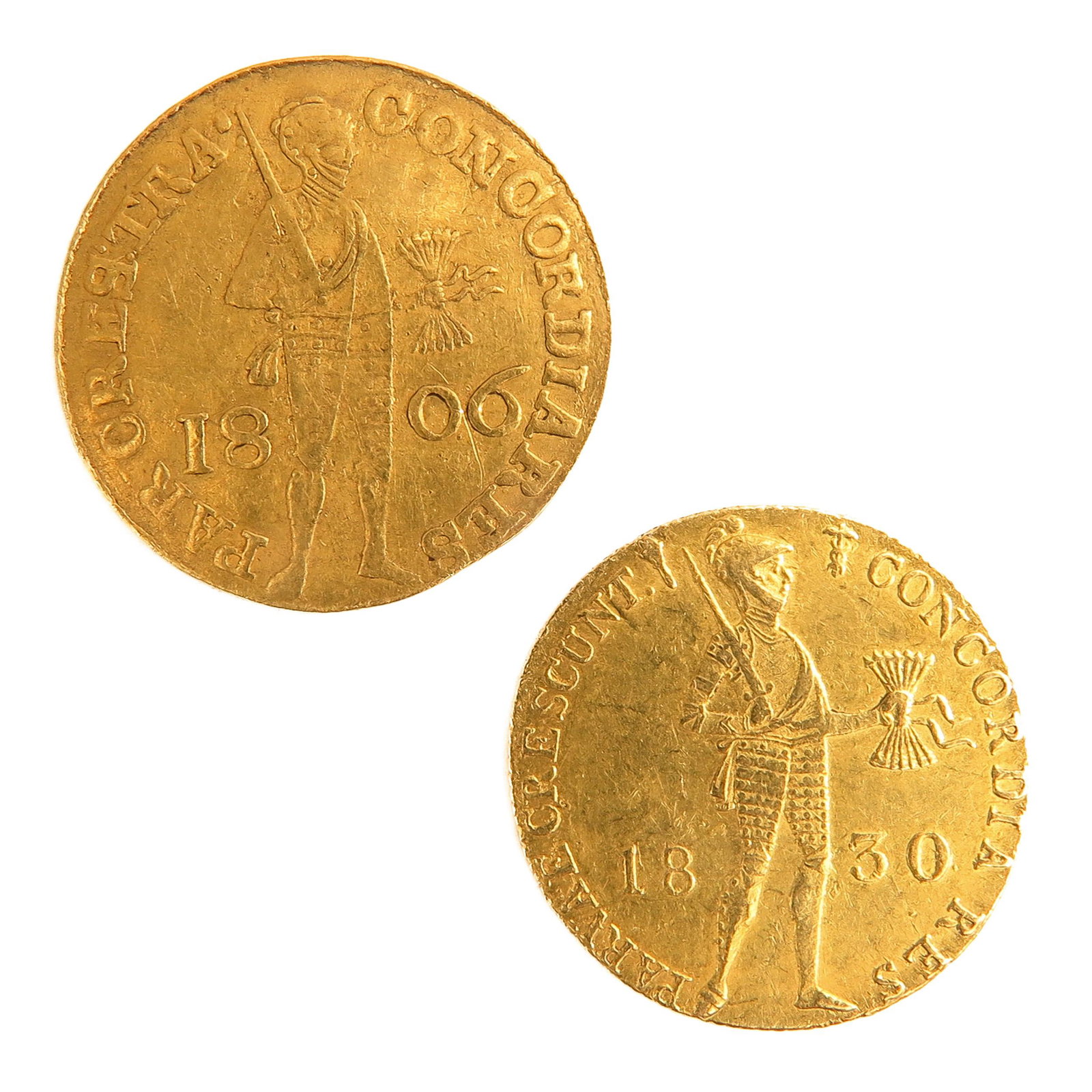 A Lot of 2 Gold Coins: 1 gold Ducat 1806 and 1 gold Ducat 1830, largest is 22 mm. in diameter, total weight is 6,9 gram.