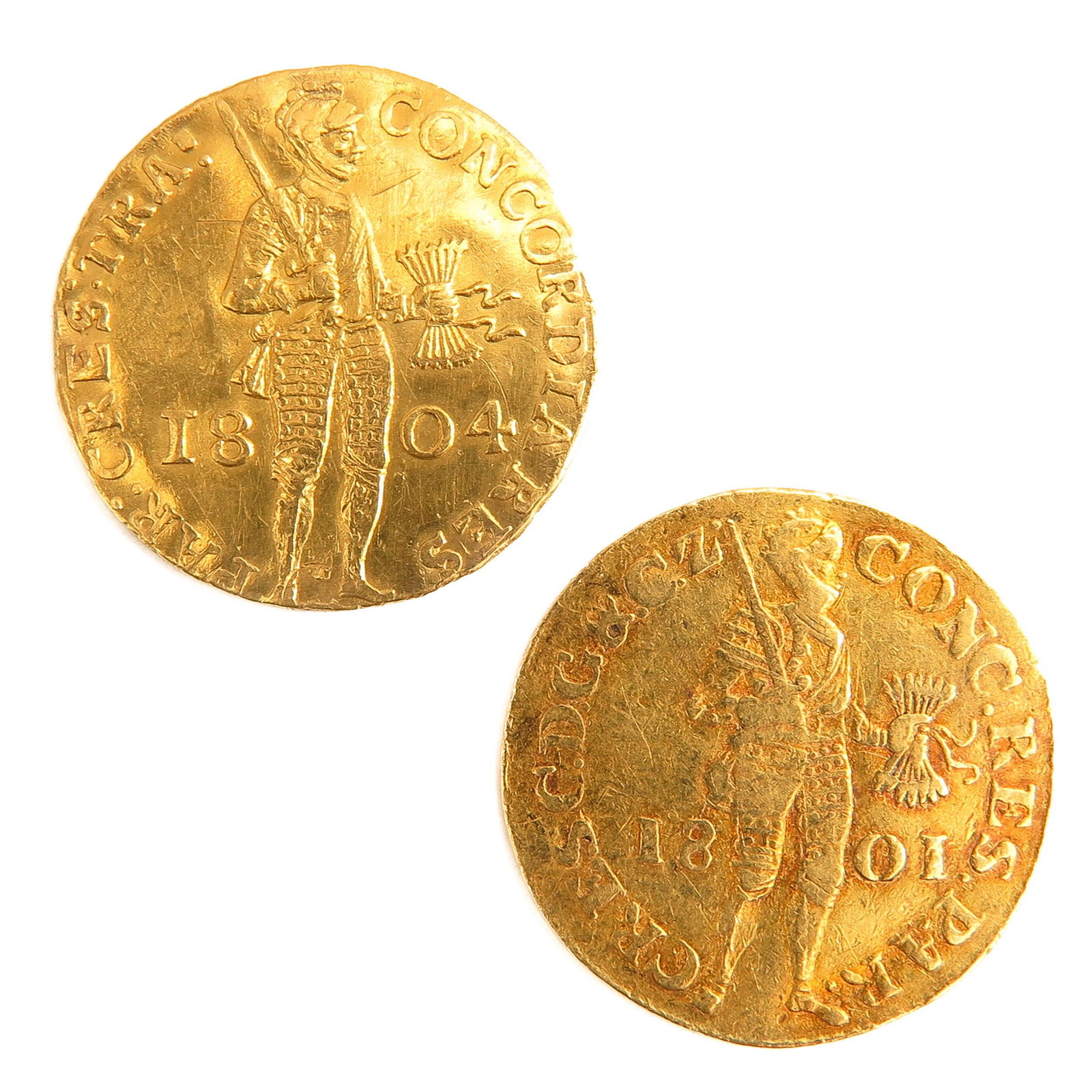 A Lot of 2 Gold Coins: 1 gold Ducat 1801 and 1 gold Ducat 1804, largest is 22 mm. in diameter, total weight is 6,9 gram.