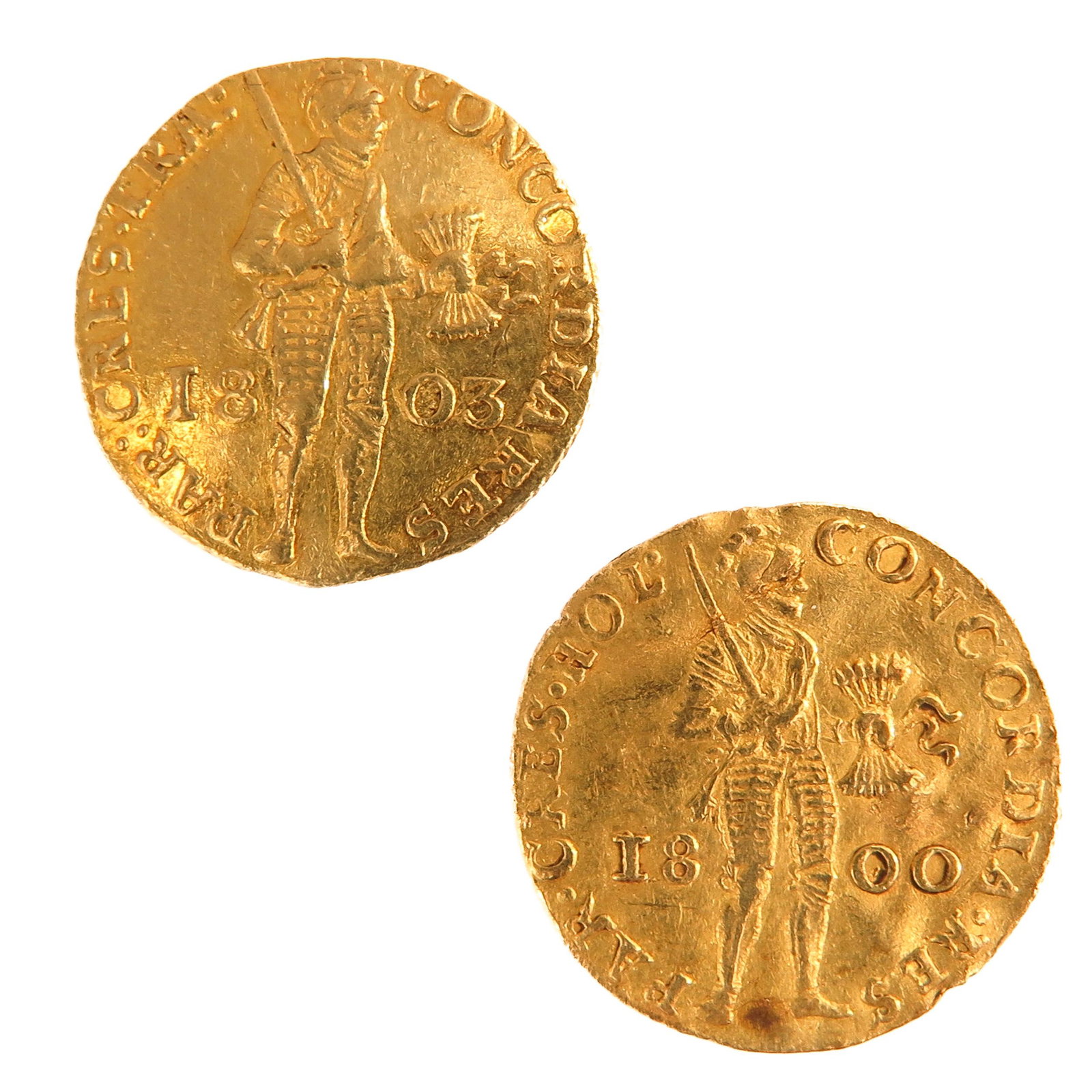 A Lot of 2 Gold Coins: 1 Gold Ducat from 1800 and 1 Gold Ducat 1803, largest coin is 22 mm. in diameter, total weight is 7.1 grams.