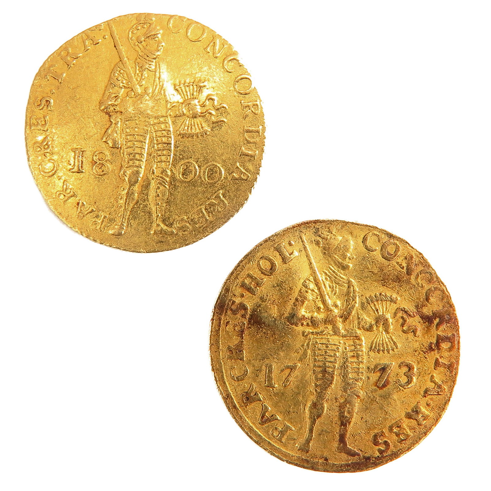 A Lot of 2 Gold Coins: Including 1 Gold Ducat 1773 and 1 Gold Ducat 1800, largest coin is 22 mm. in diameter, total weight is 7 grams.