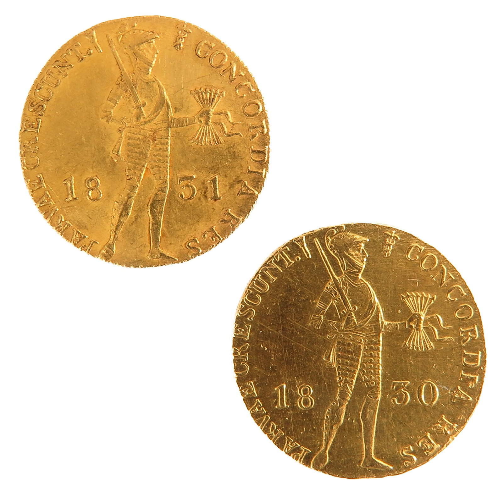 A Lot of 2 Gold Coins: Including 1 Gold Ducat 1830 and 1 Gold Ducat 1831, largest coin is 22 mm. in diameter, total weight is 6.7 grams.