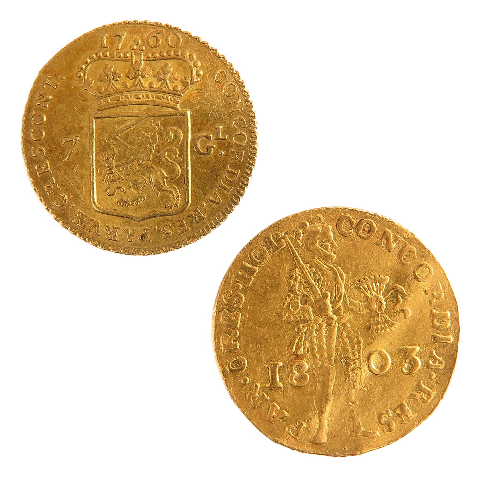 A Lot of 2 Gold Coins: Including 1 Gold Ducat 1803 and 1 7 Guilder Gold Coin, 21 mm. in diameter, total weight is 8.5 gram.