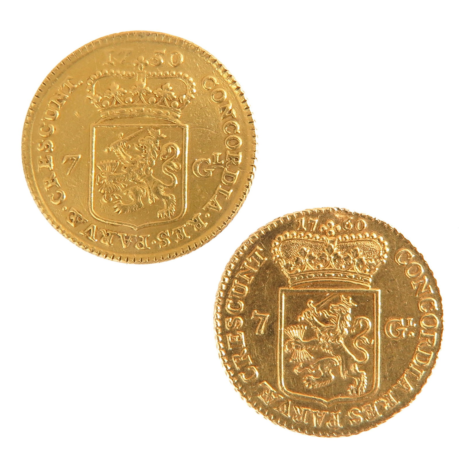 A Lot of 2 Gold Coins: Including 1 Gold 7 Guilder Coin 1750 and 1 from 1760, largest coin is 22 mm. in diameter, 9.6 grams.