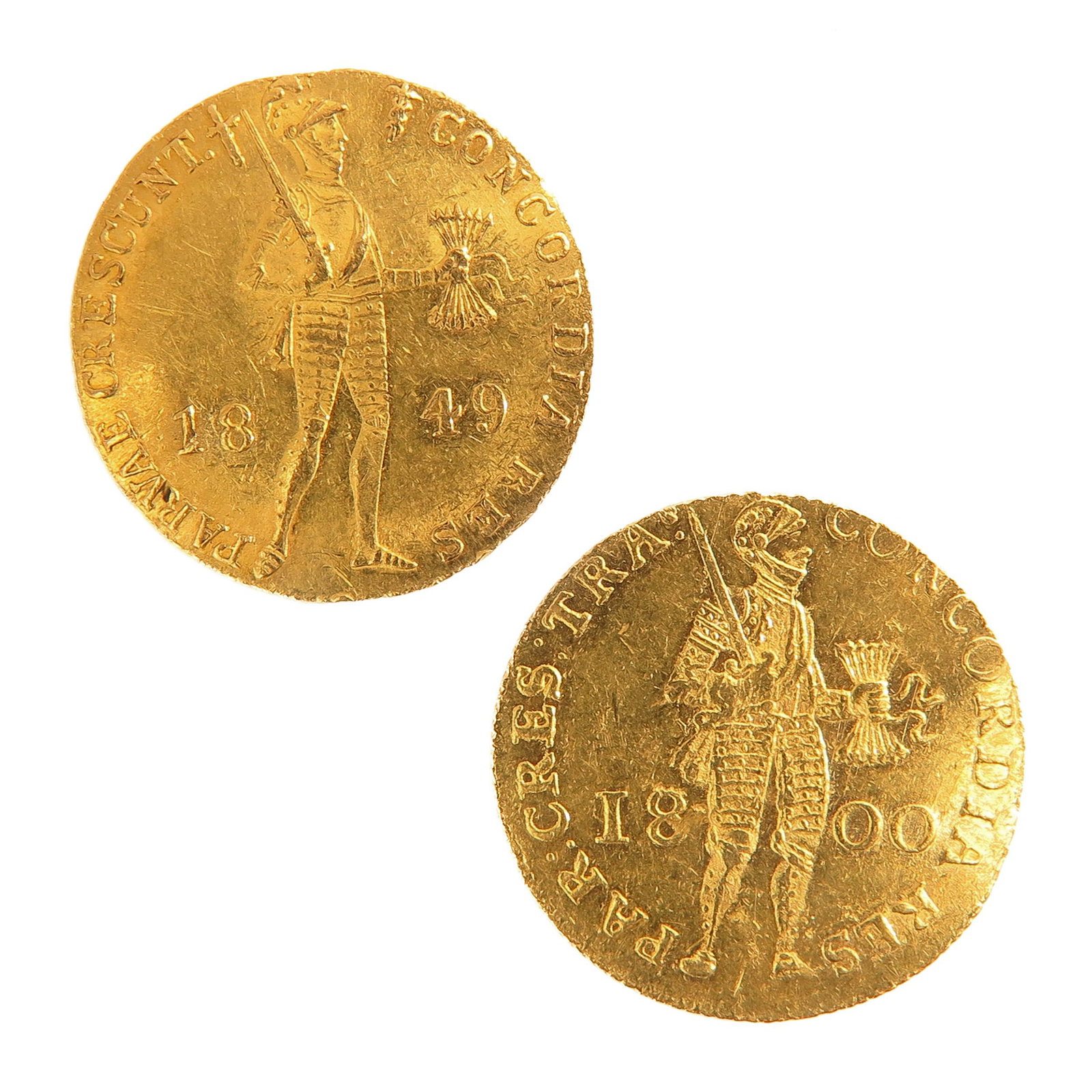 A Lot of 2 Gold Coins: Including 1 Gold Ducat 1800 and 1 Gold Ducat 1849, largest coin is 22 mm. in diameter, total weight is 7 grams.