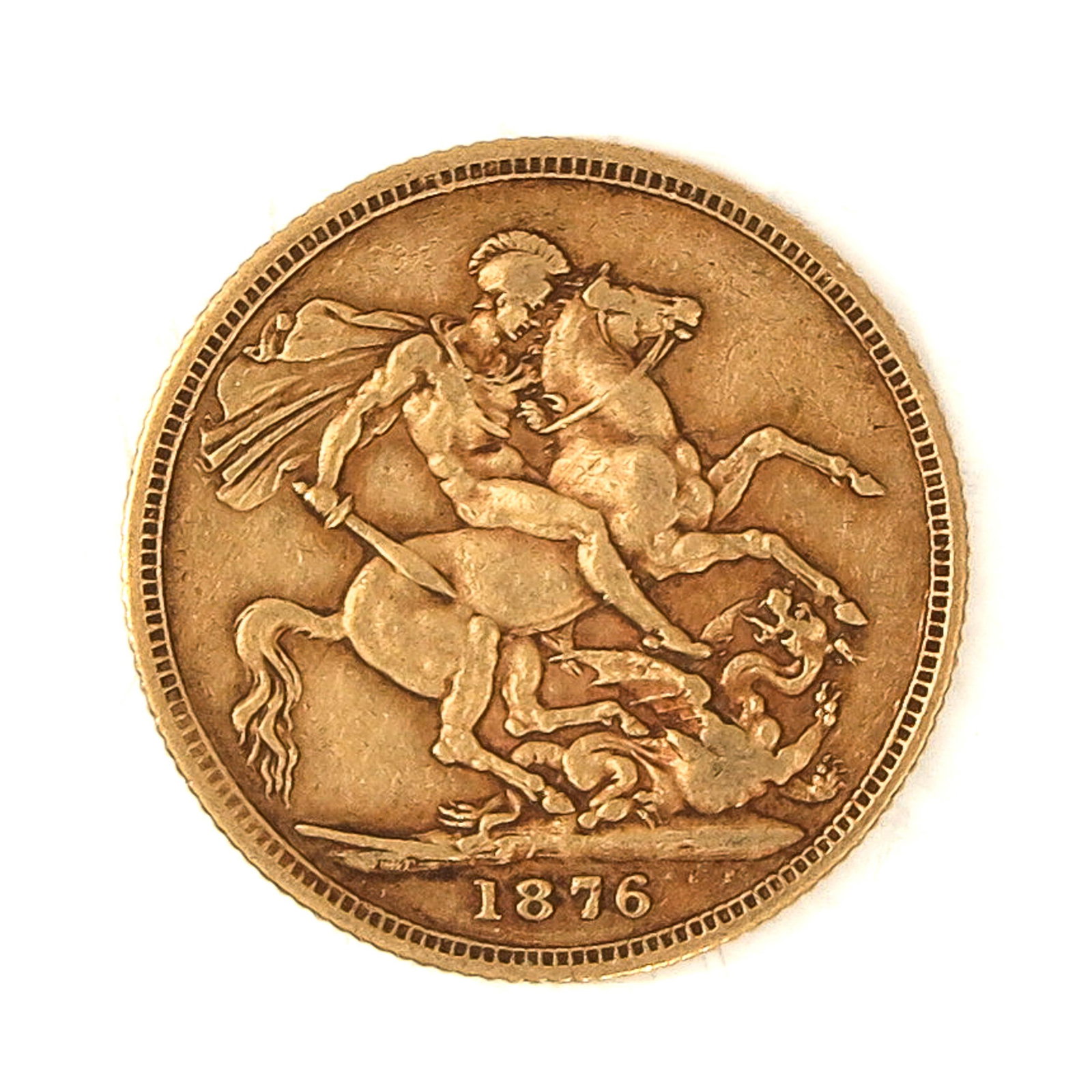 A Gold Coin: Sovereign, England, 1876, 91.7% gold, weight is 8 grams.
