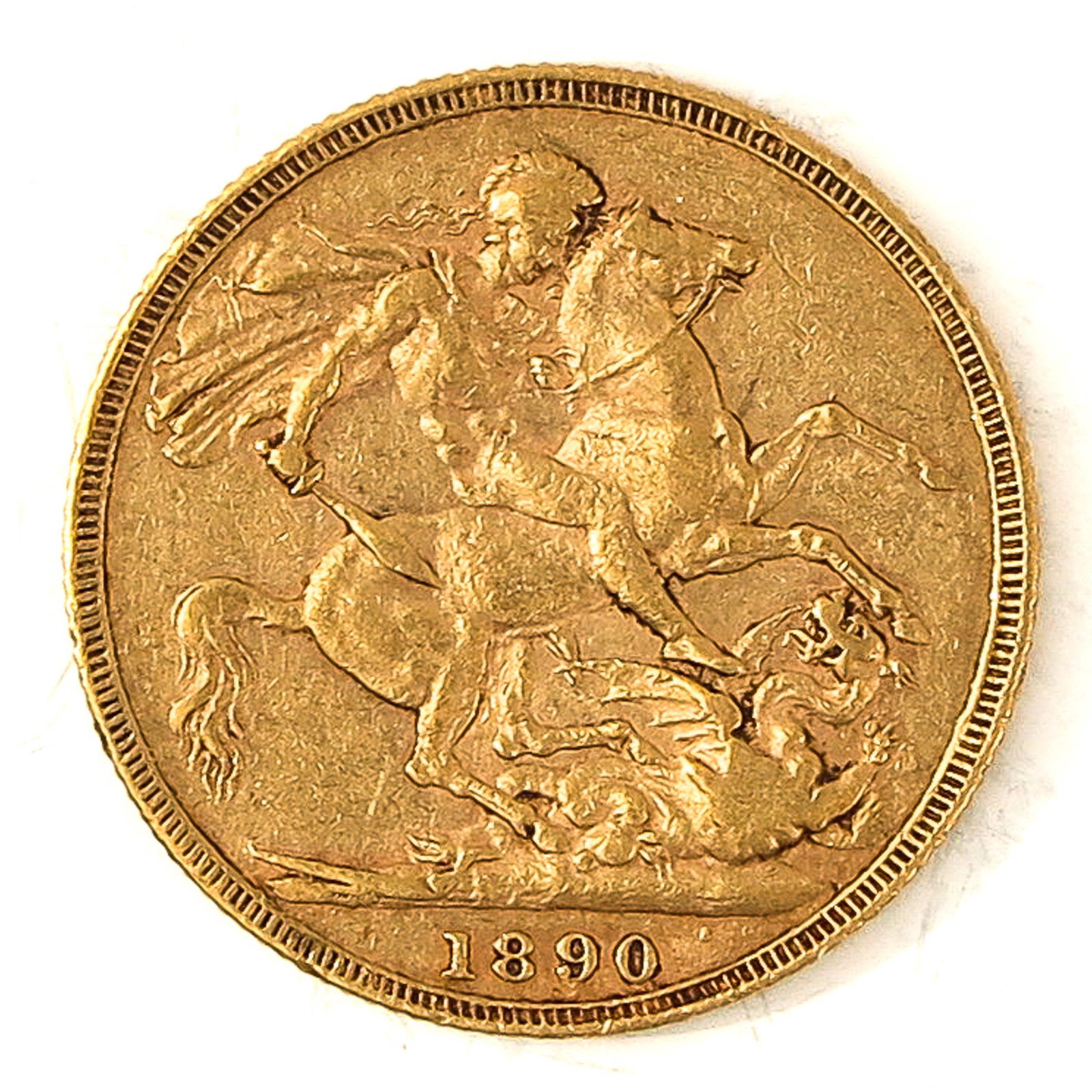 A Gold Coin: Sovereign, England, 1890, 91.7% gold, weight is 8 grams.