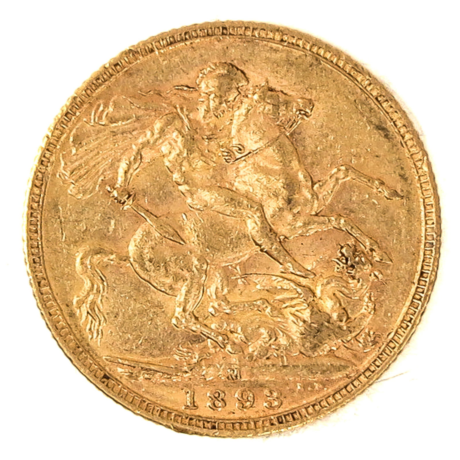A Gold Coin: Sovereign, England, 1893, 91.7% Gold, weight is 8 grams.