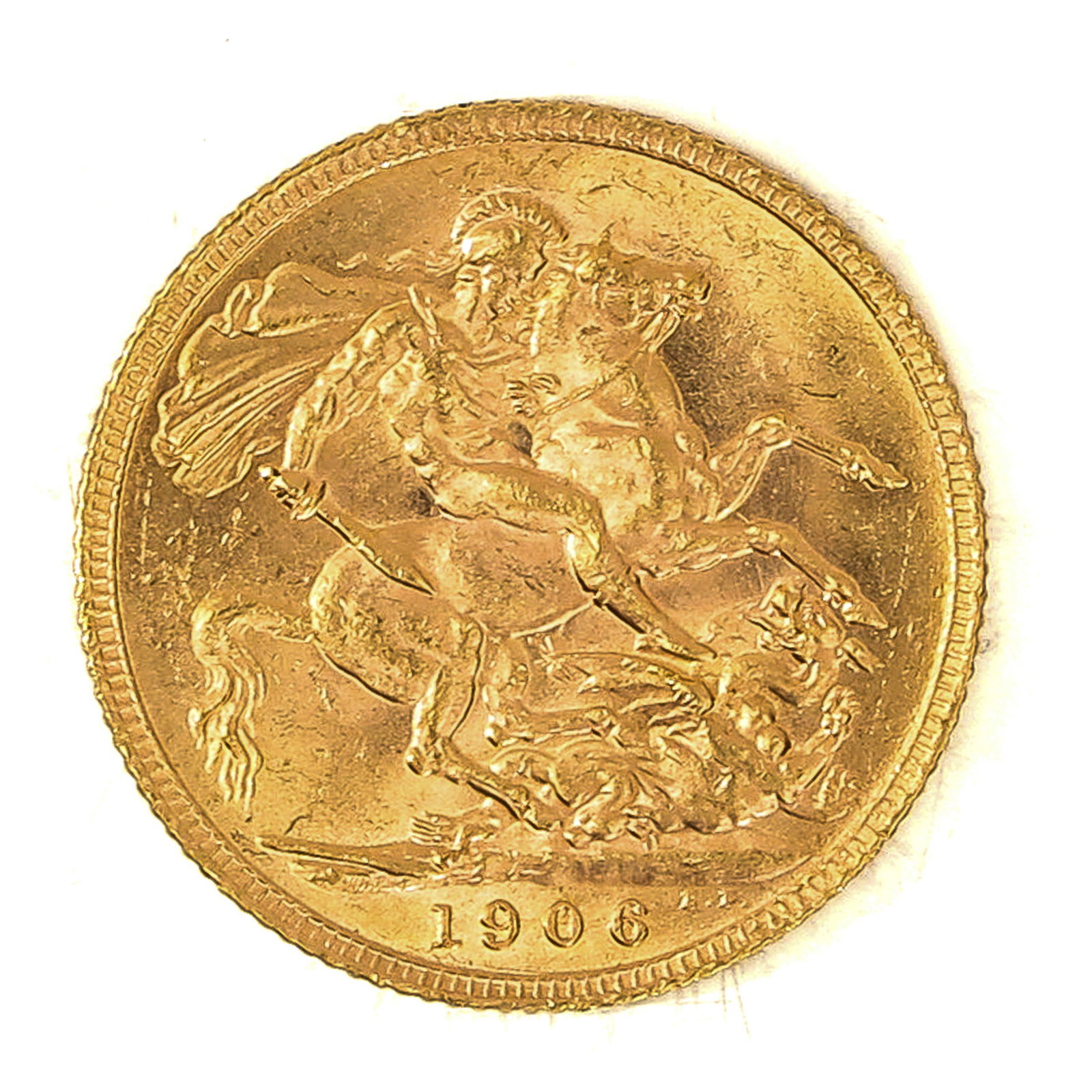 A Gold Coin: Sovereign, England, 1906, 91.7% Gold, 8 grams.