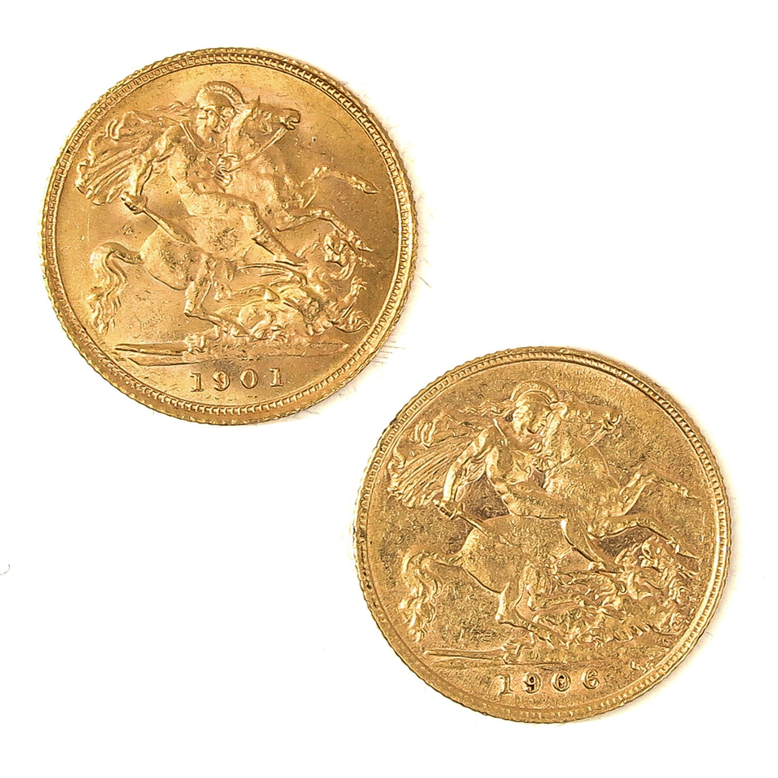 A Lot of 2 Gold Coins: Including 2 Half Sovereigns, 1901 and 1906, 91.7% Gold, total weight is 8 grams.